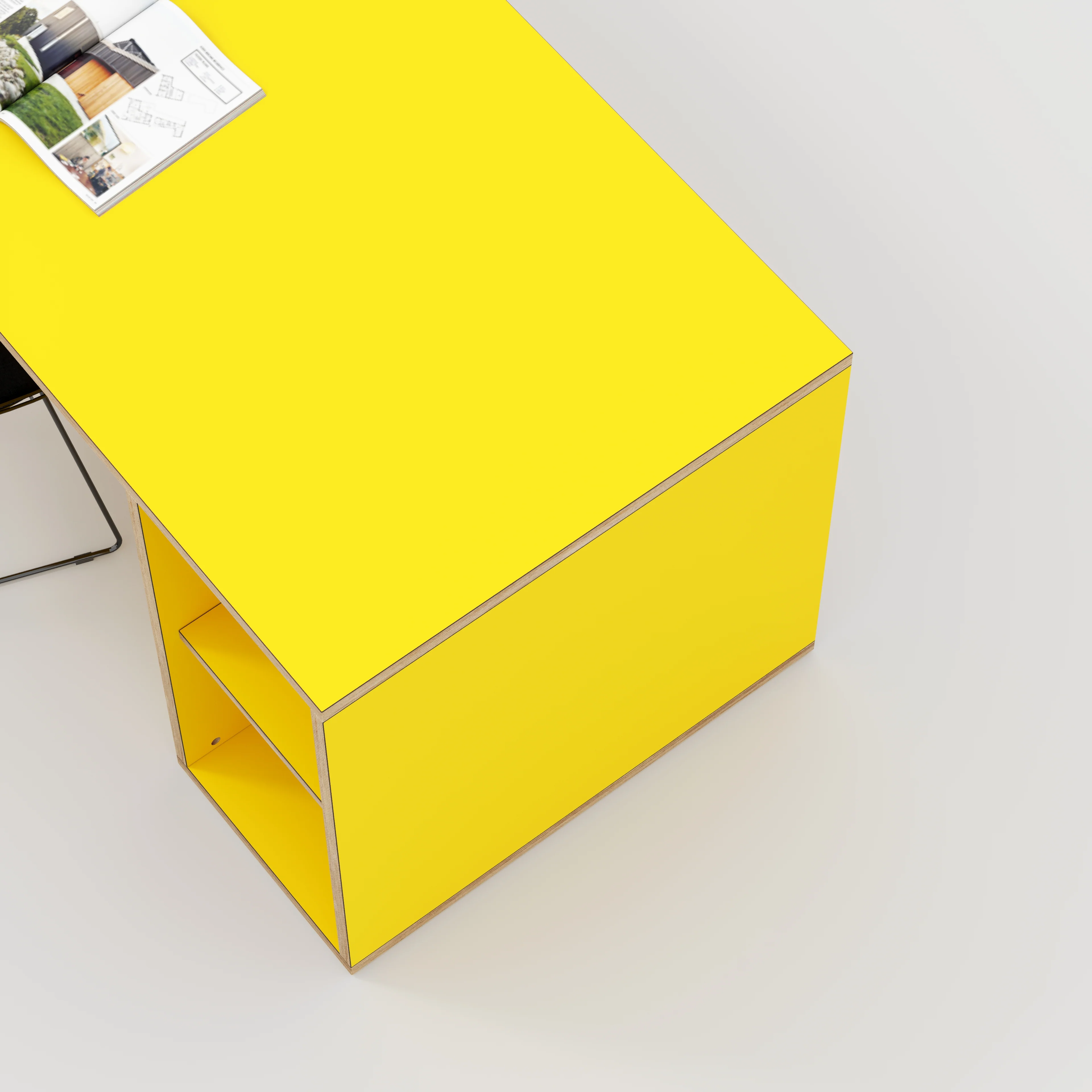 Plywood Desk with Storage Type 1 RH - Open Shelves - Formica Chrome Yellow - 2000(w) x 800(d) x 750(h) - Image 3