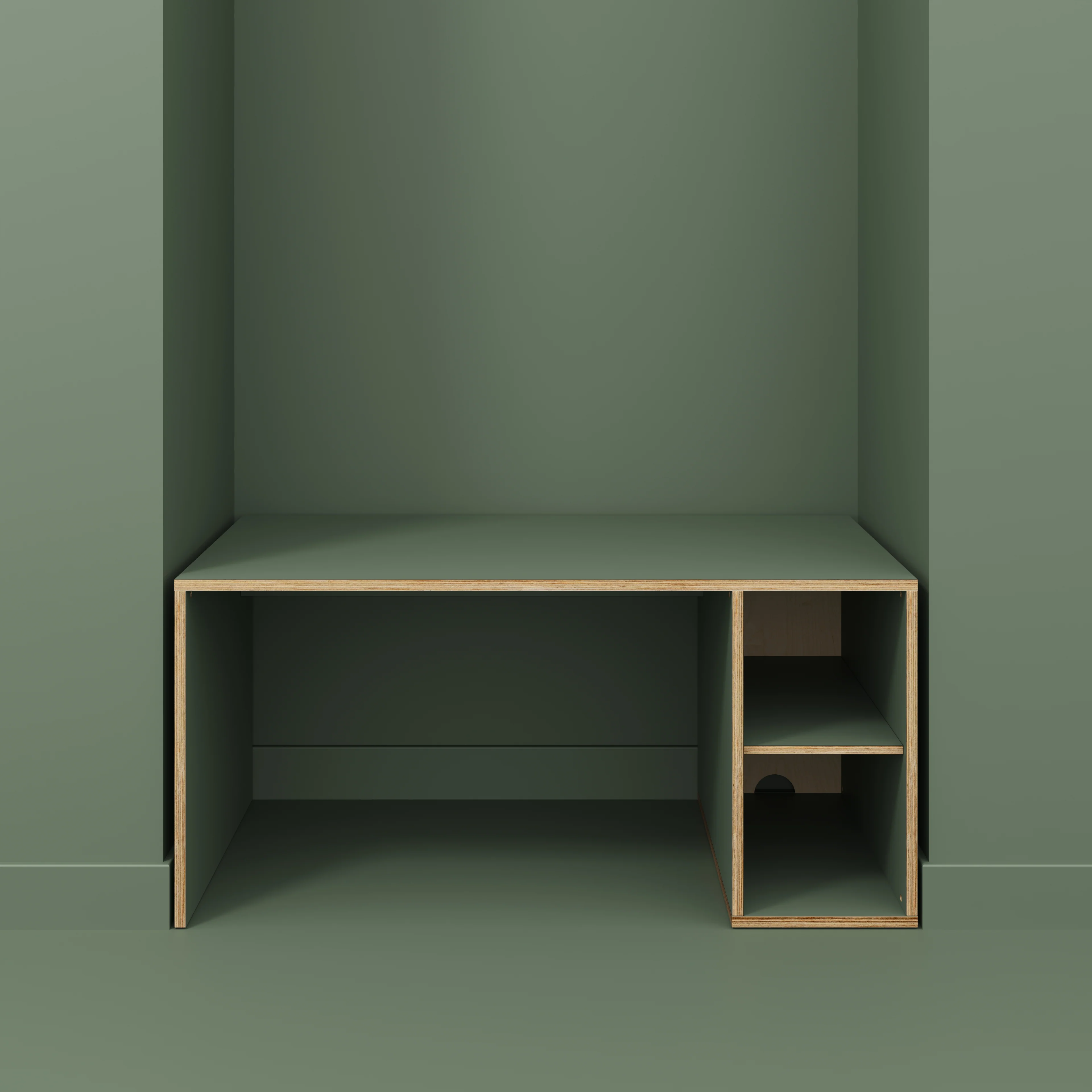 Plywood Desk with Storage Type 1 RH - Open Shelves - Formica Green Slate - 1600(w) x 800(d) x 750(h) - Image 2