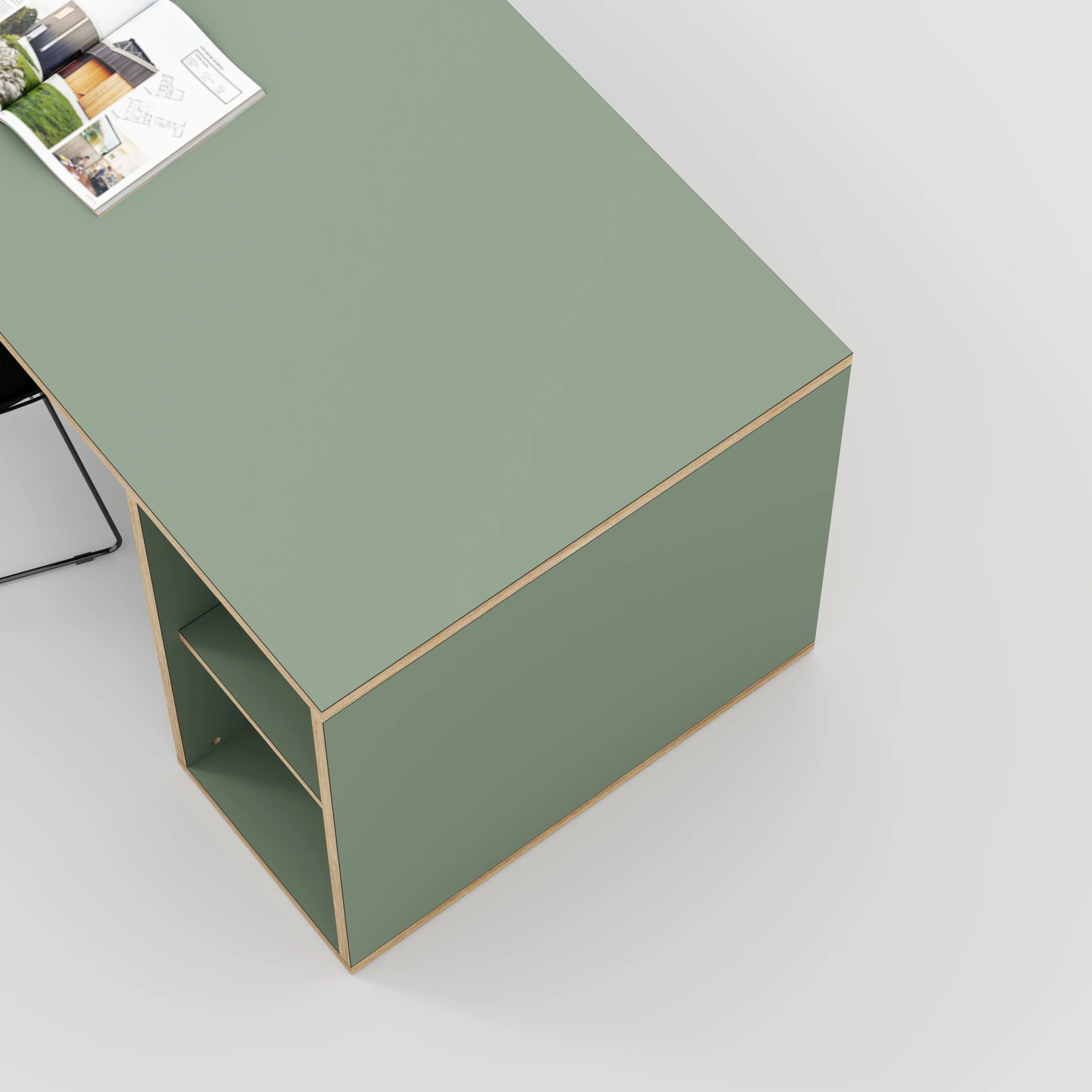 Plywood Desk with Storage Type 1 RH - Open Shelves - Formica Green Slate - 1600(w) x 800(d) x 750(h) - Image 3