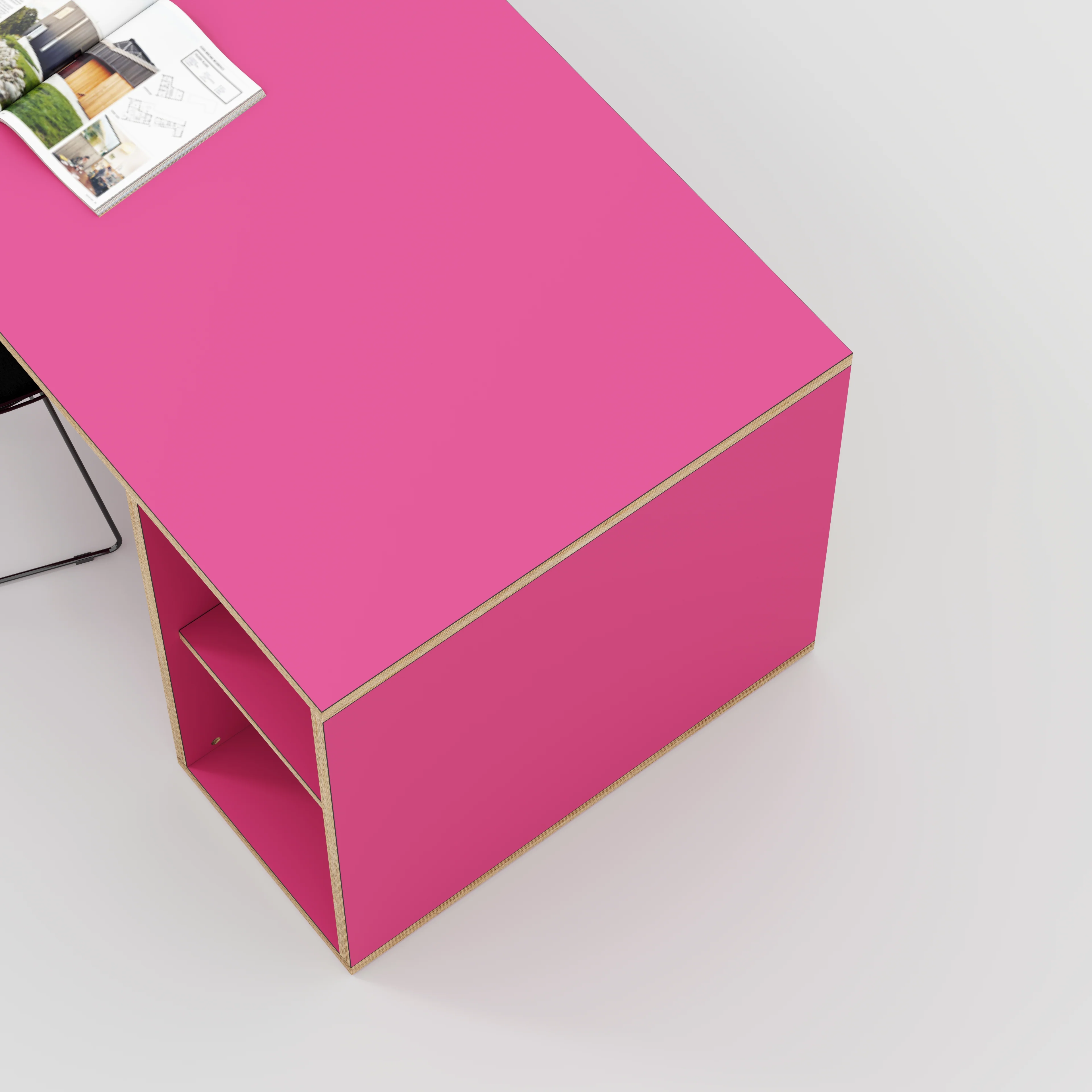 Plywood Desk with Storage Type 1 RH - Open Shelves - Formica Juicy Pink - 1600(w) x 800(d) x 750(h) - Image 3
