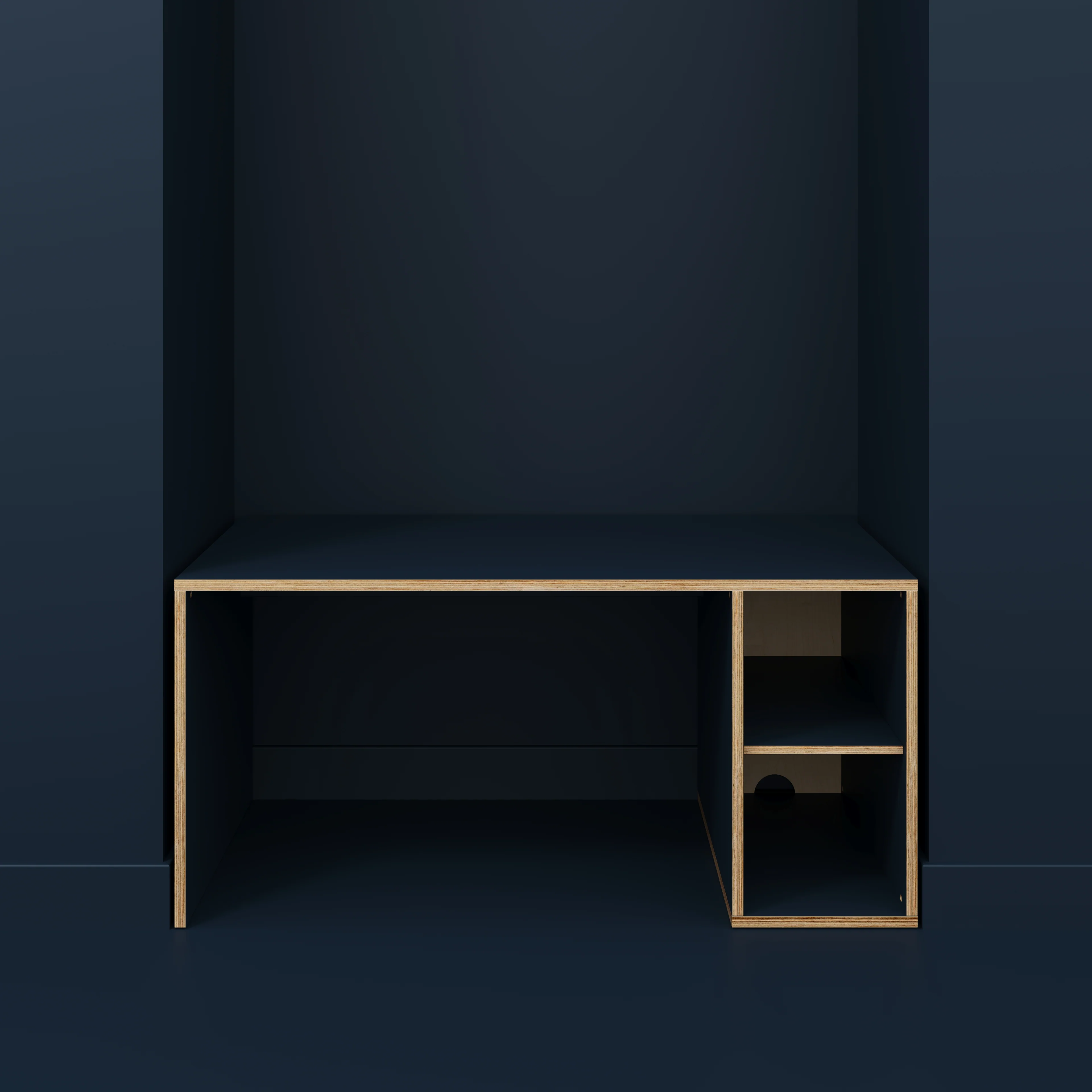Plywood Desk with Storage Type 1 RH - Open Shelves - Formica Night Sea Blue - 1600(w) x 800(d) x 750(h) - Image 2
