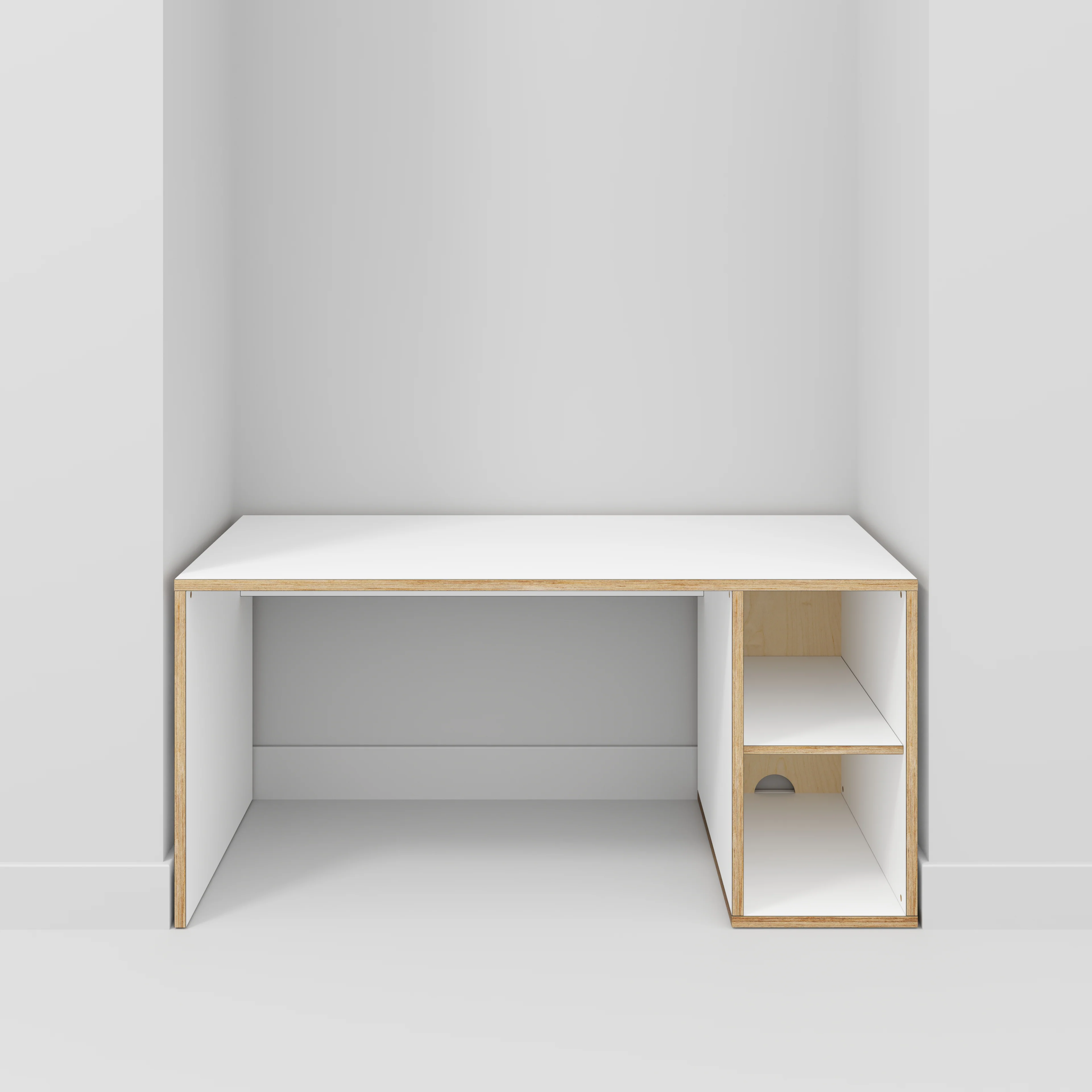 Plywood Desk with Storage Type 1 RH - Open Shelves - Formica White - 1600(w) x 800(d) x 750(h) - Image 2