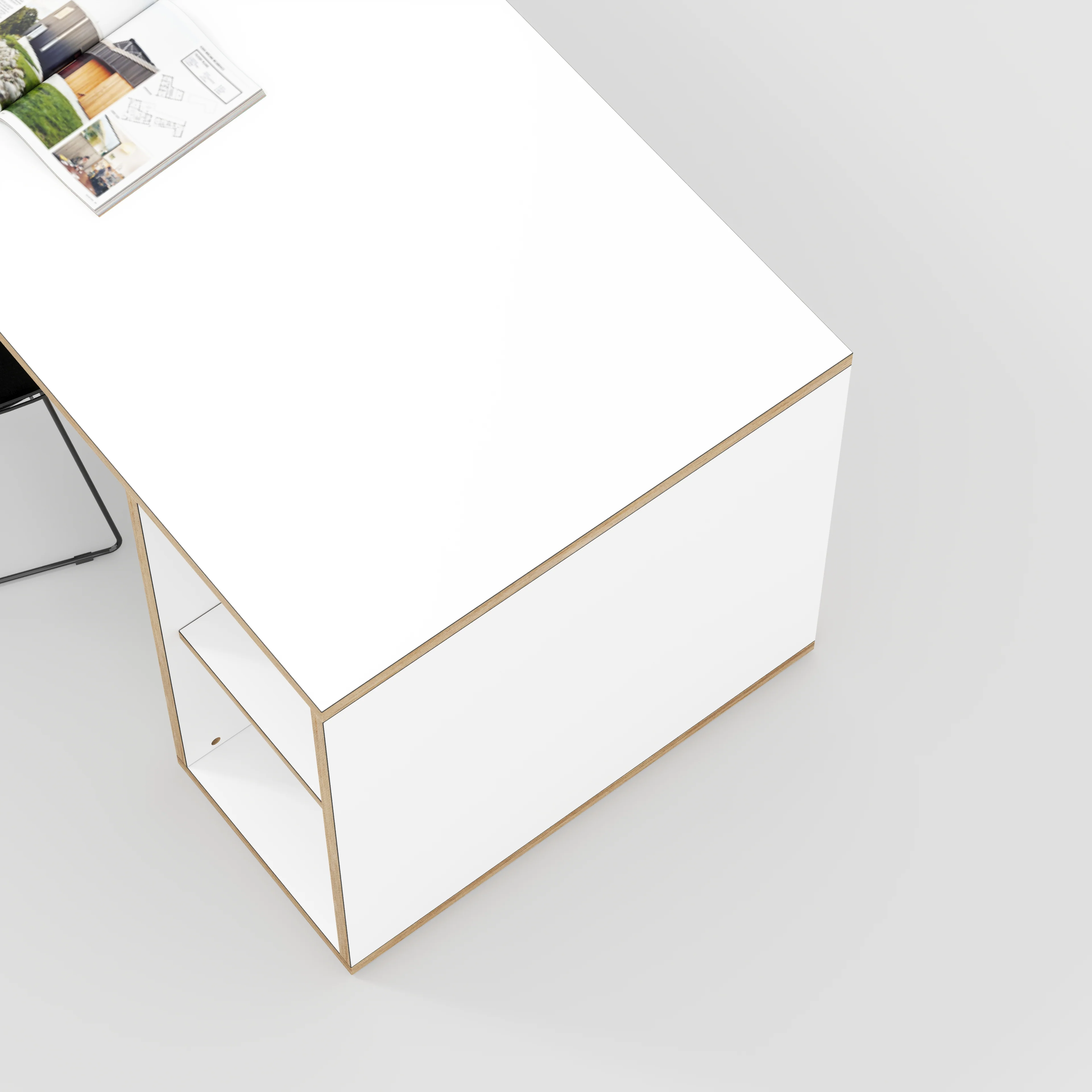 Plywood Desk with Storage Type 1 RH - Open Shelves - Formica White - 1600(w) x 800(d) x 750(h) - Image 3