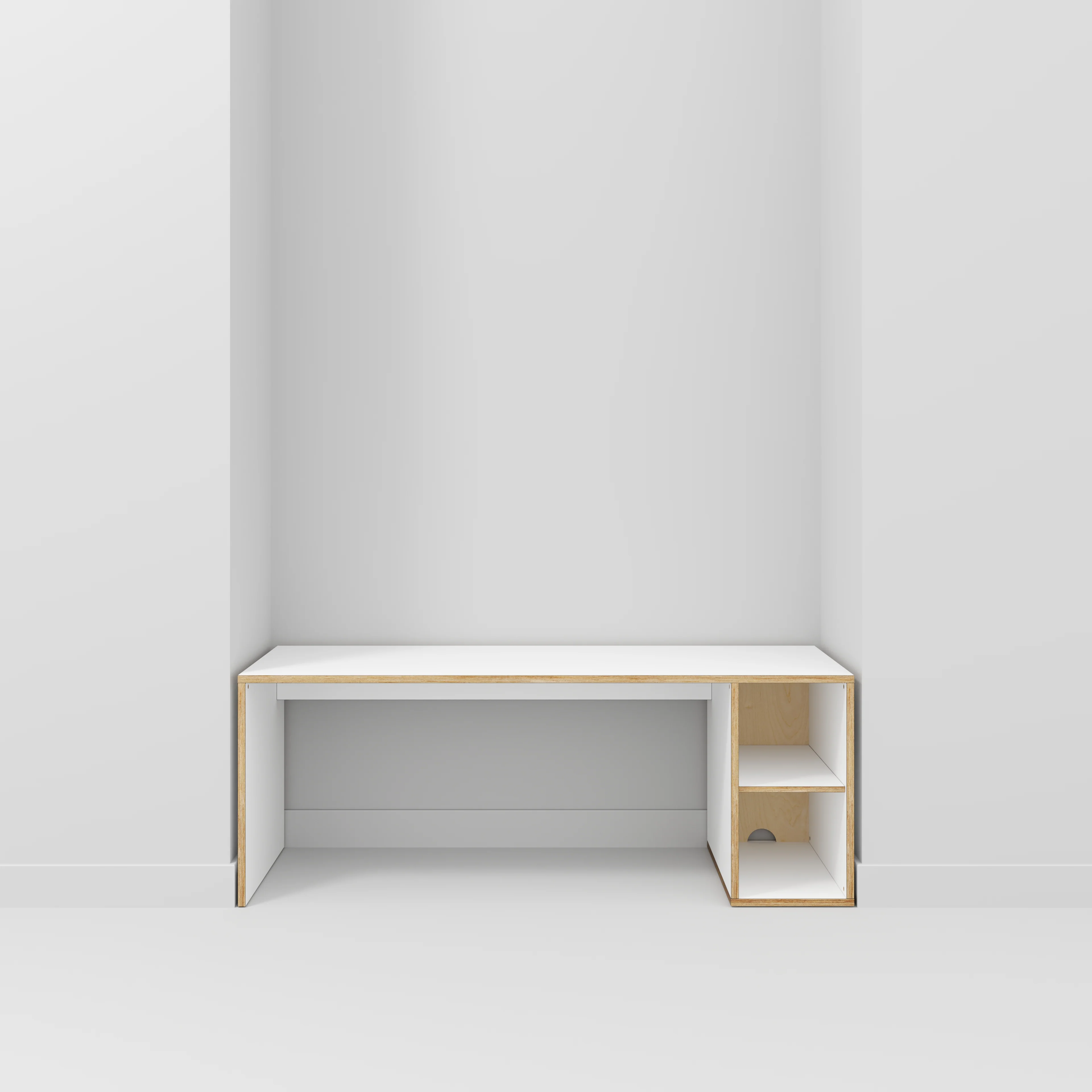 Plywood Desk with Storage Type 1 RH - Open Shelves - Formica White - 2000(w) x 800(d) x 750(h) - Image 2