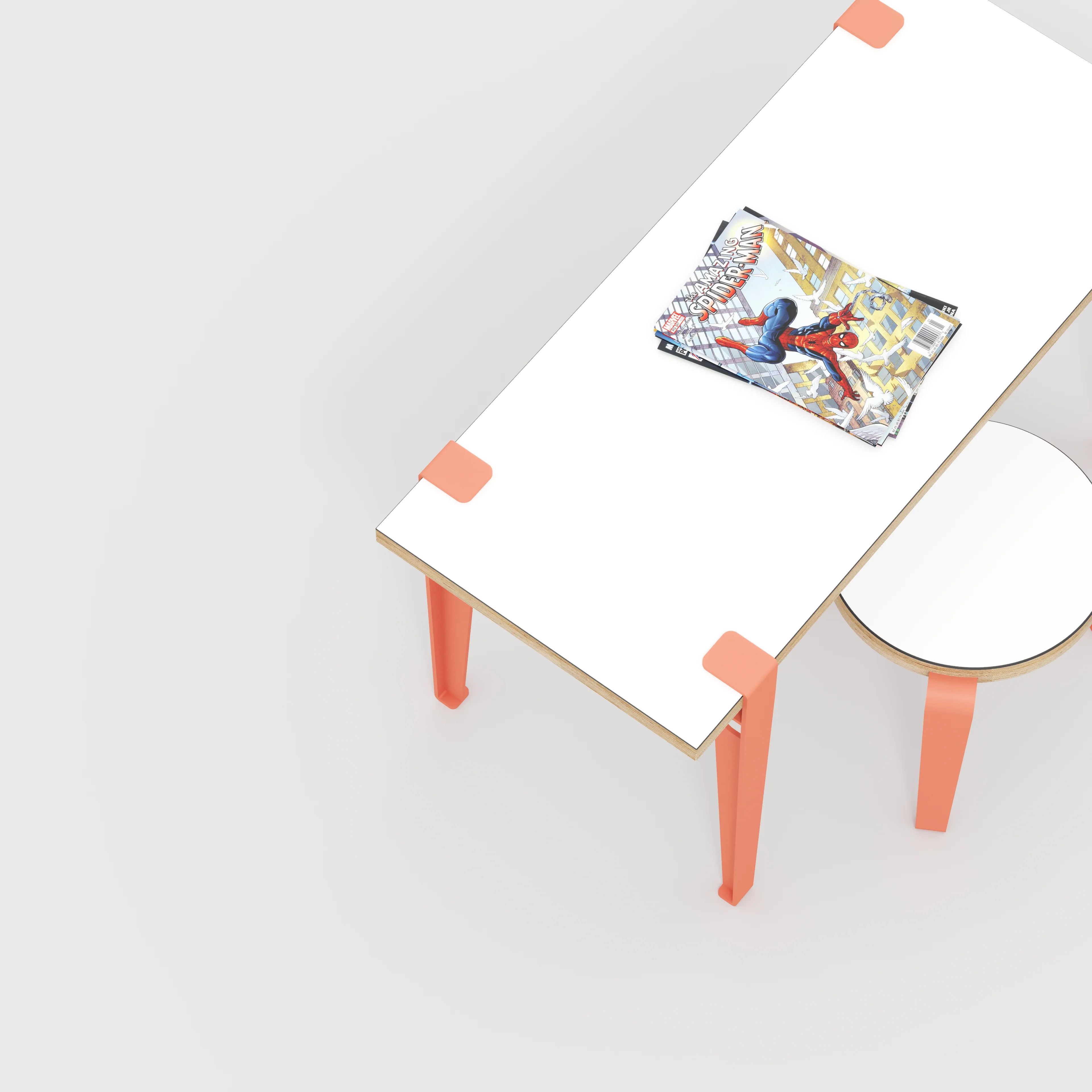 Plywood Kids Desk with Flamingo Pink Tiptoe Legs - Formica White - 800(w) x 400(d) x 500(h) - Image 3