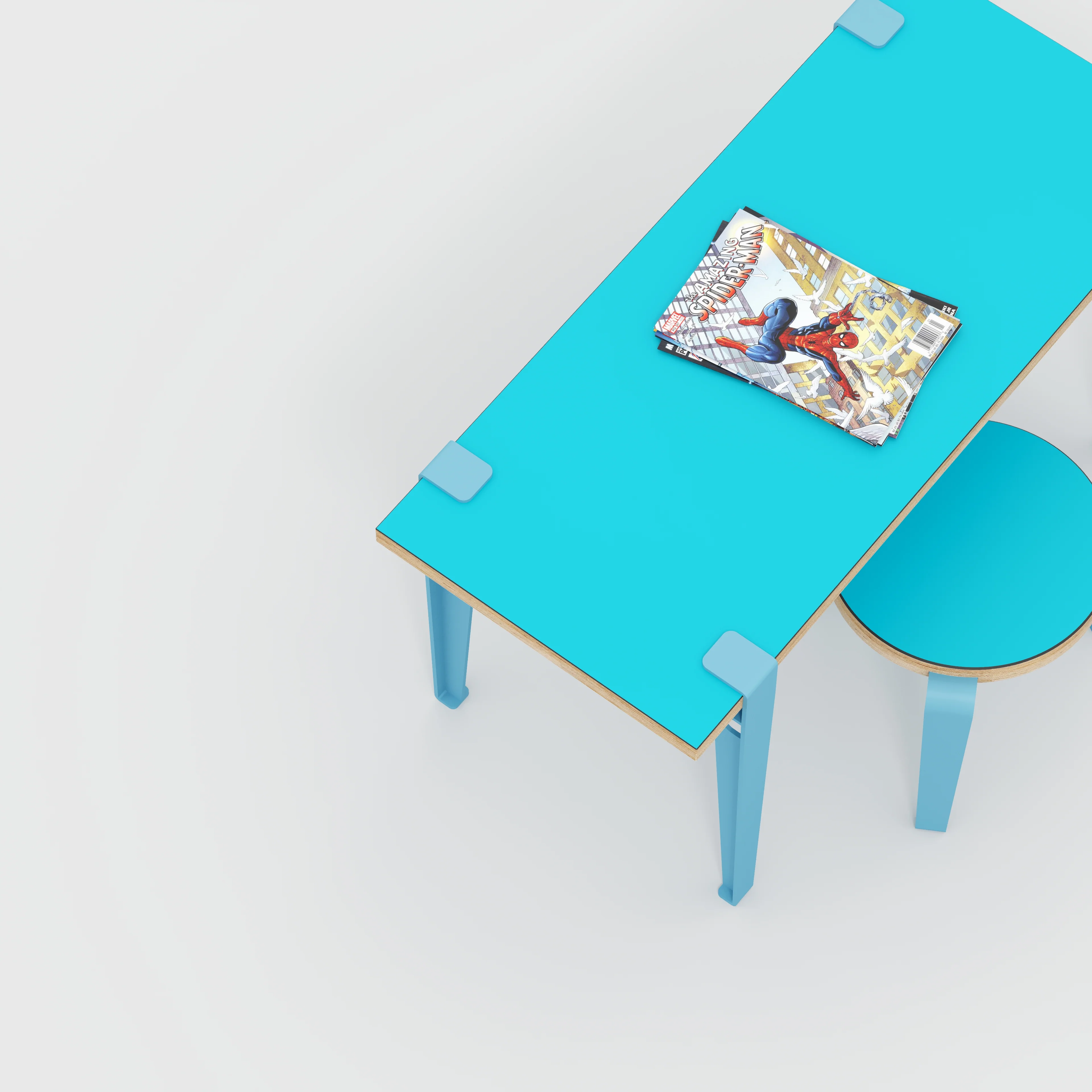 Plywood Kids Desk with Whale Blue Tiptoe Legs - Formica Caribbean Blue - 800(w) x 400(d) x 500(h) - Image 3