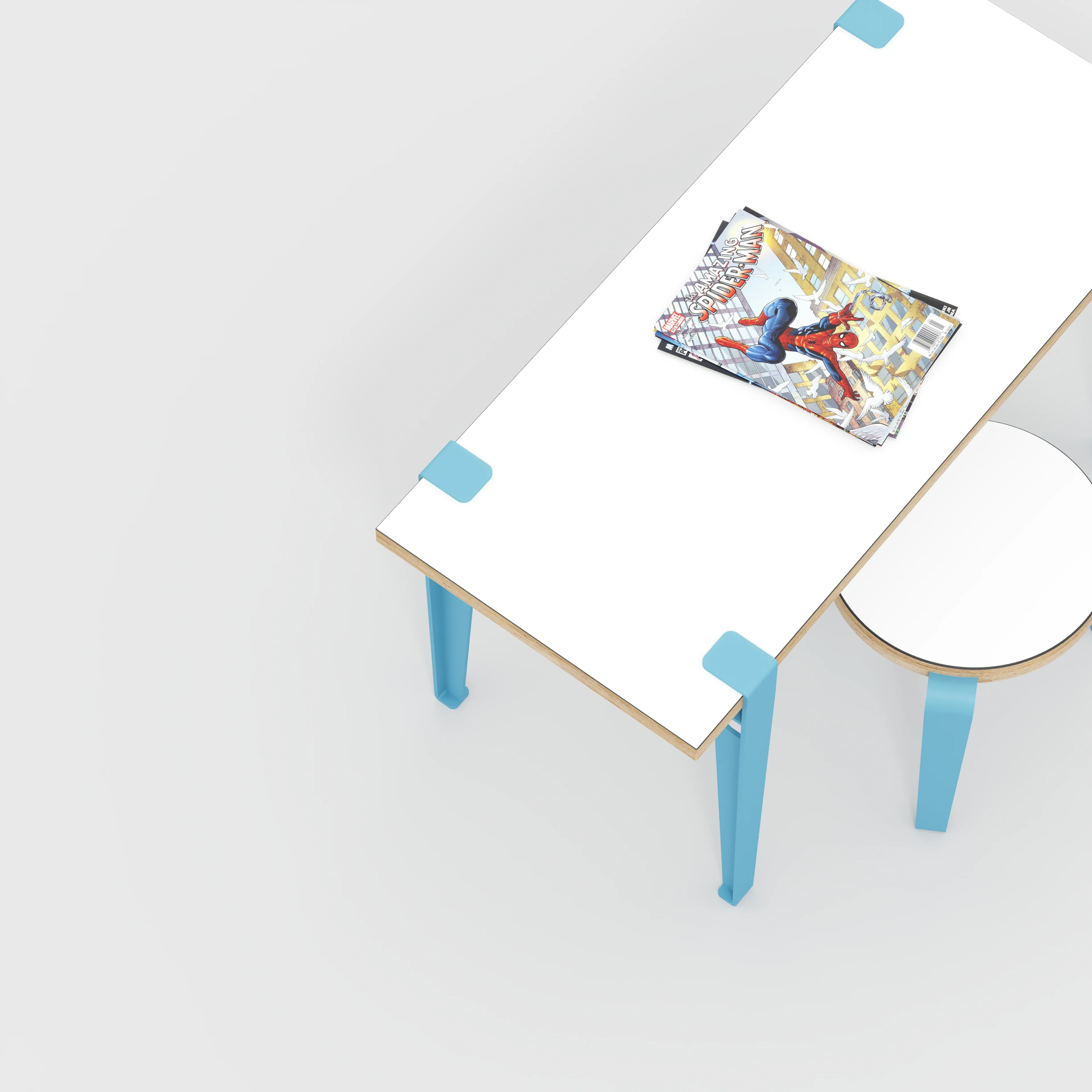 Plywood Kids Desk with Whale Blue Tiptoe Legs - Formica White - 800(w) x 400(d) x 500(h) - Image 3