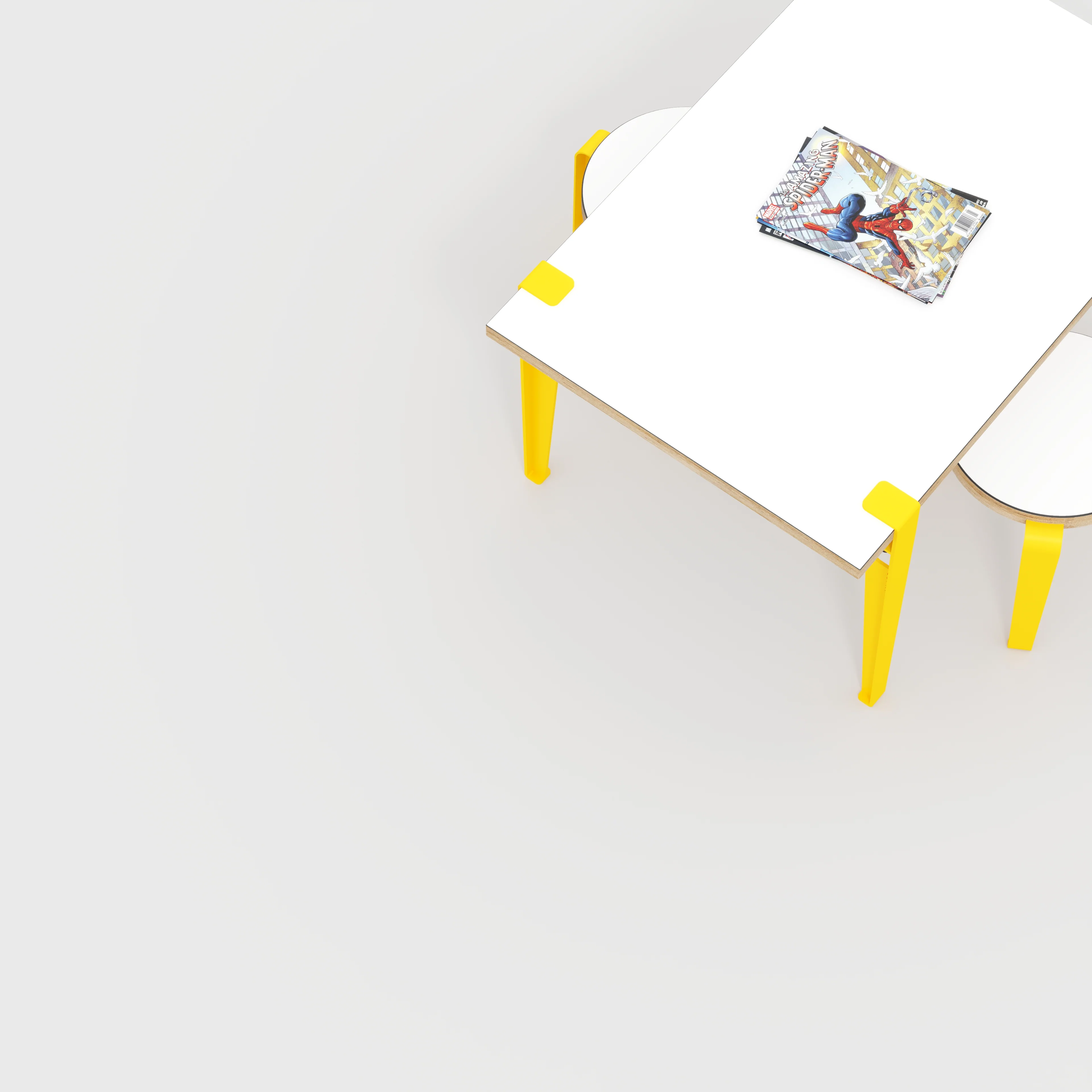 Plywood Kids Table with Sun Yellow Tiptoe Legs - Formica White - 800(w) x 600(d) x 500(h) - Image 3