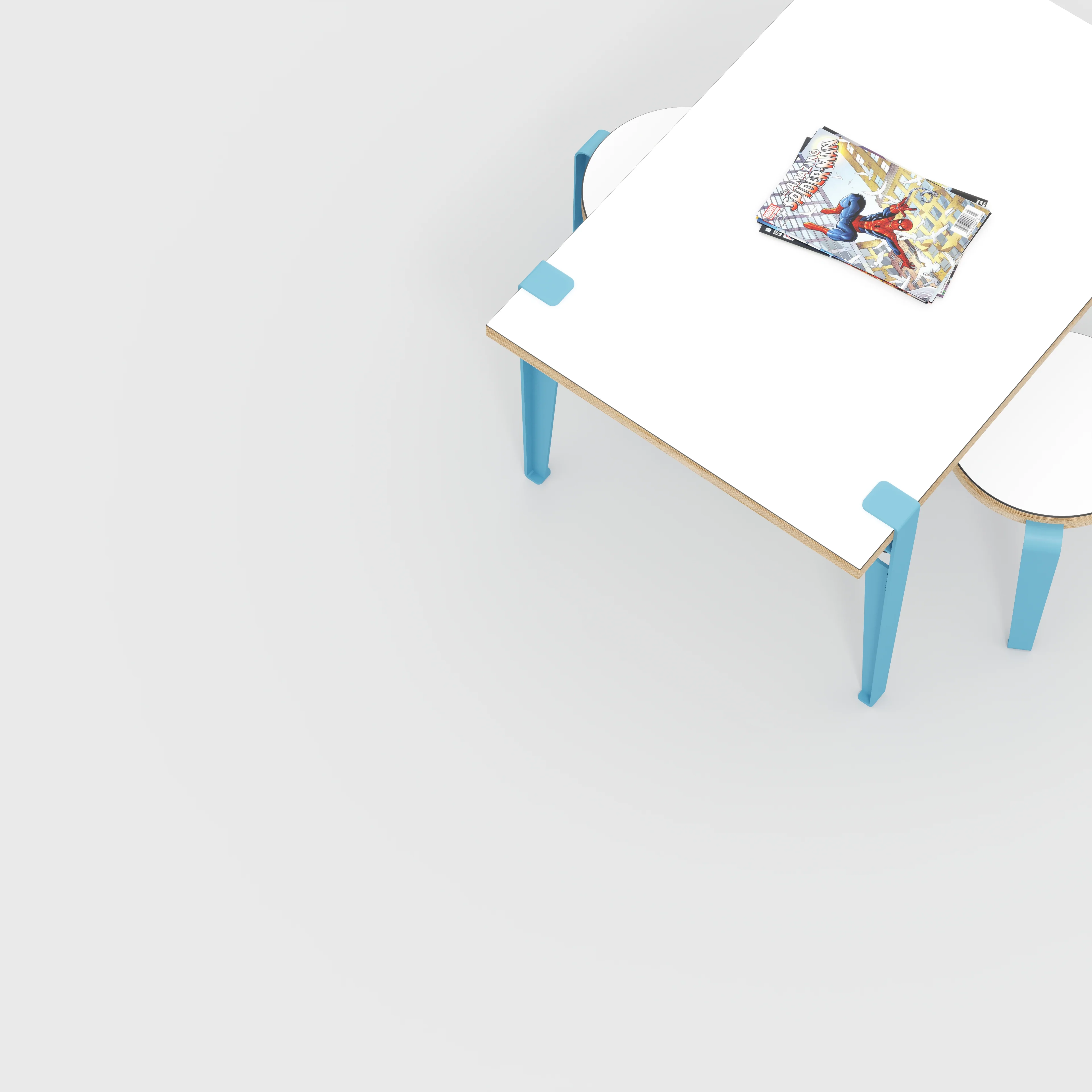 Plywood Kids Table with Whale Blue Tiptoe Legs - Formica White - 800(w) x 600(d) x 500(h) - Image 3