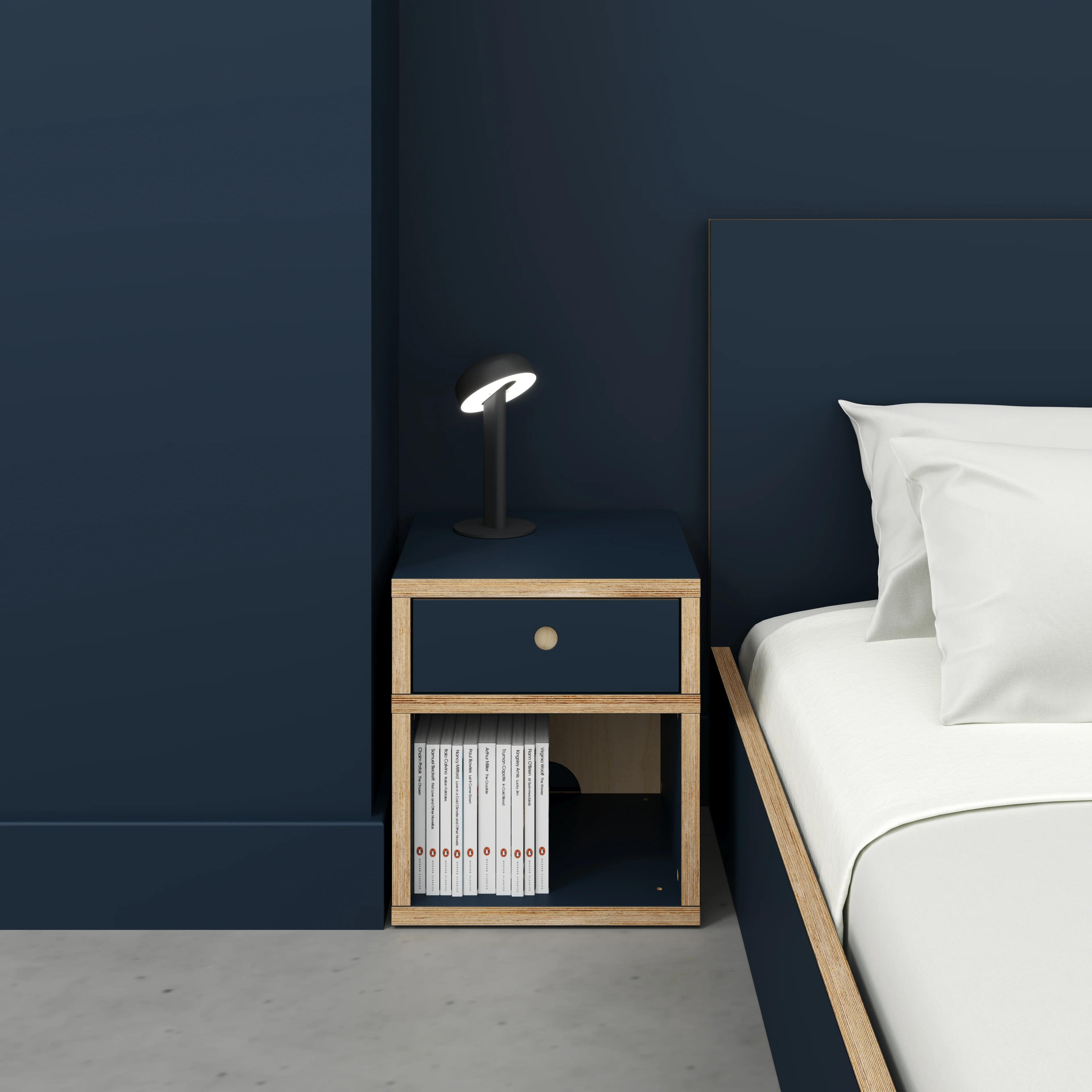 Plywood Bedside Table - Type 1 - with Drawer - Formica Night Sea Blue - 400(w) x 400(d) x 450(h) - Image 2