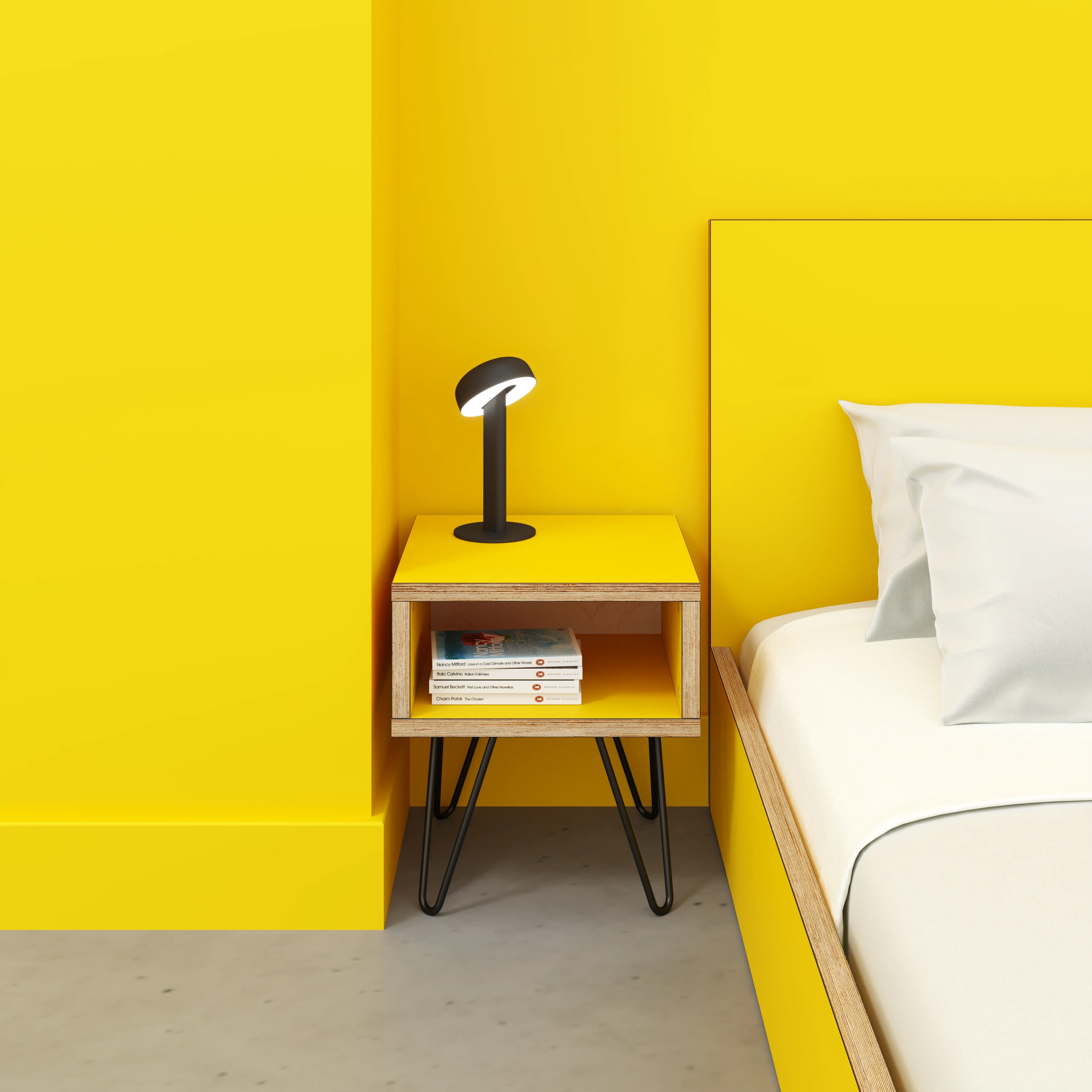 Plywood Bedside Table with Box Storage and Black Hairpin Legs - Formica Chrome Yellow - 400(w) x 400(d) x 450(h) - Image 2
