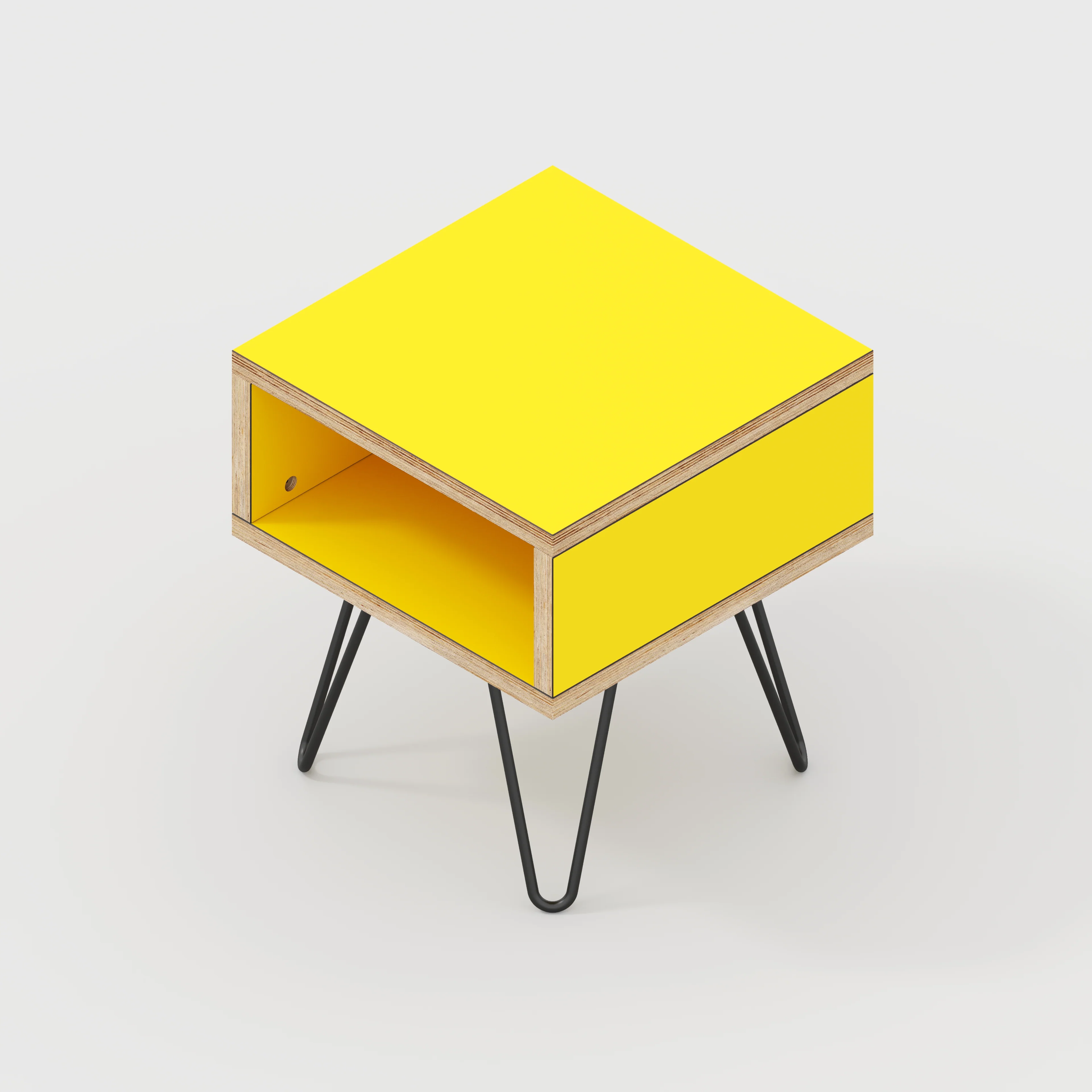 Plywood Bedside Table with Box Storage and Black Hairpin Legs - Formica Chrome Yellow - 400(w) x 400(d) x 450(h) - Image 3