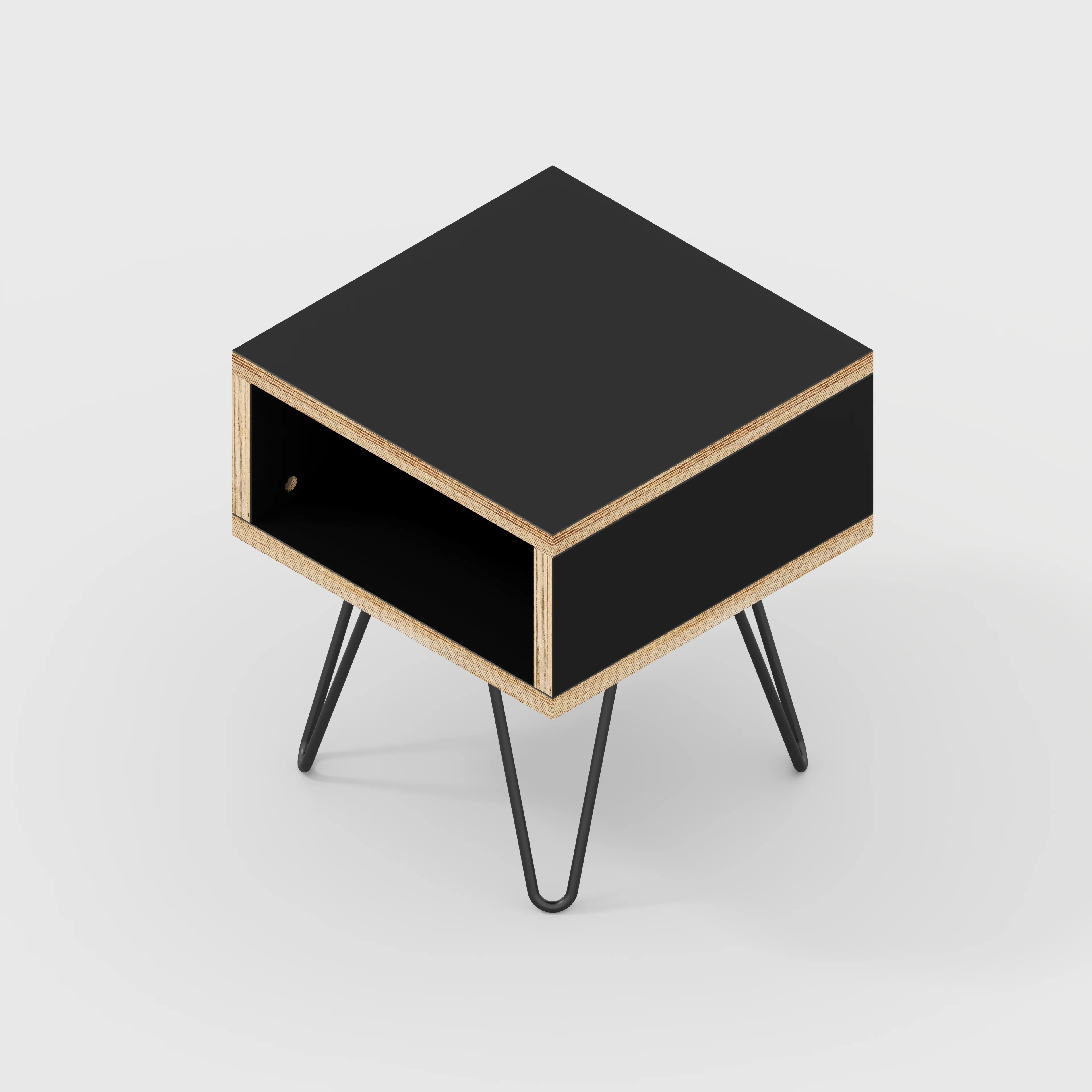 Plywood Bedside Table with Box Storage and Black Hairpin Legs - Formica Diamond Black - 400(w) x 400(d) x 450(h) - Image 3