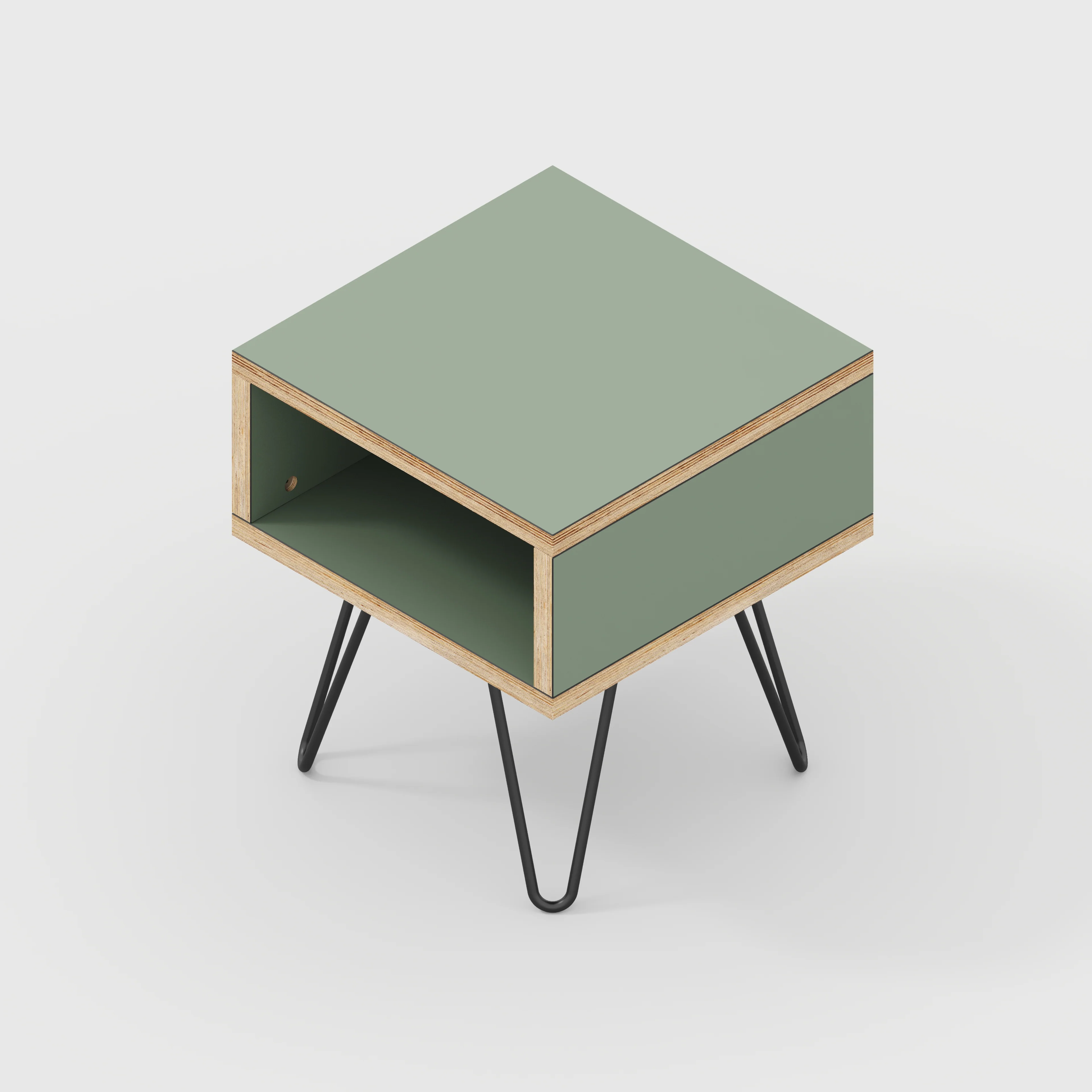 Plywood Bedside Table with Box Storage and Black Hairpin Legs - Formica Green Slate - 400(w) x 400(d) x 450(h) - Image 3