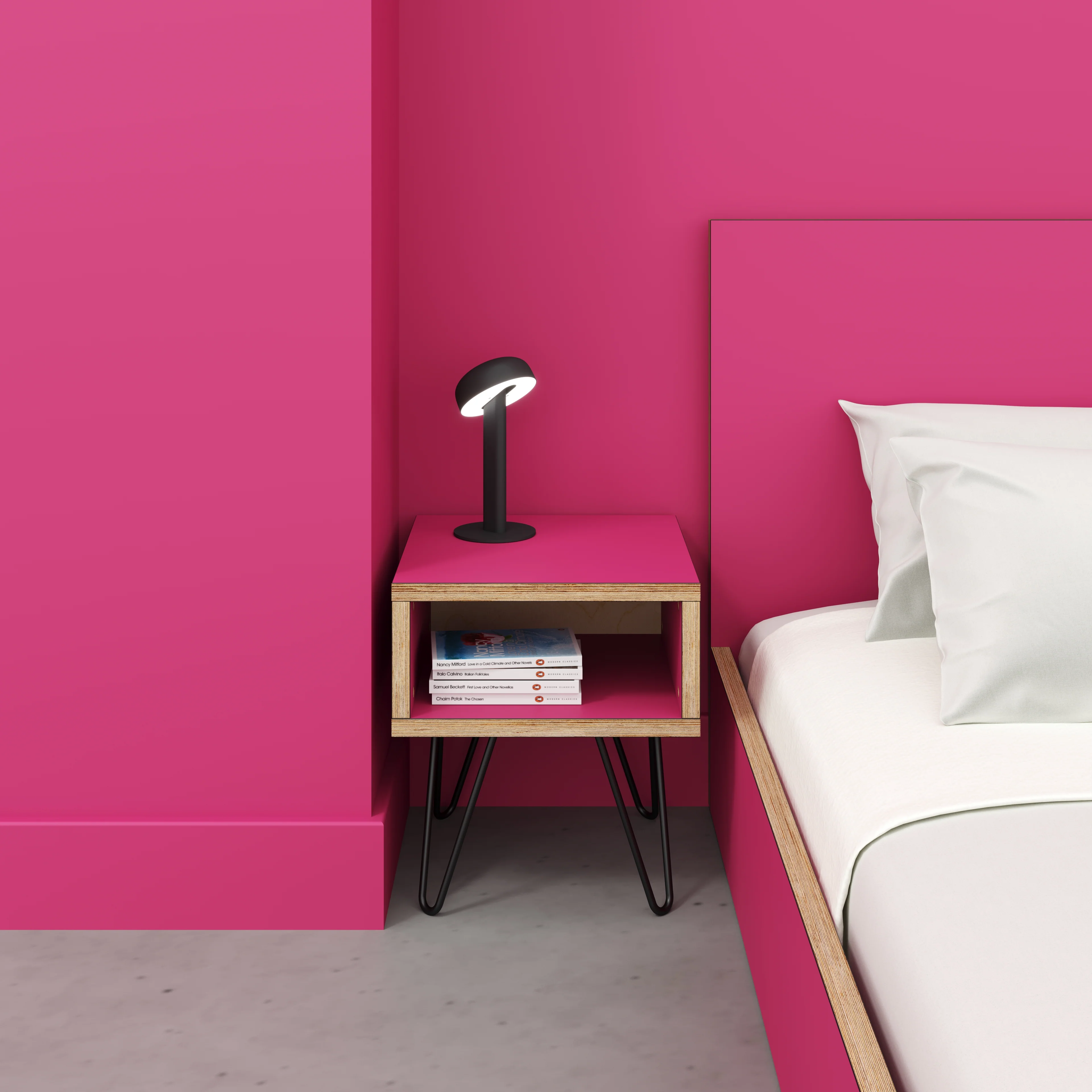 Plywood Bedside Table with Box Storage and Black Hairpin Legs - Formica Juicy Pink - 400(w) x 400(d) x 450(h) - Image 2