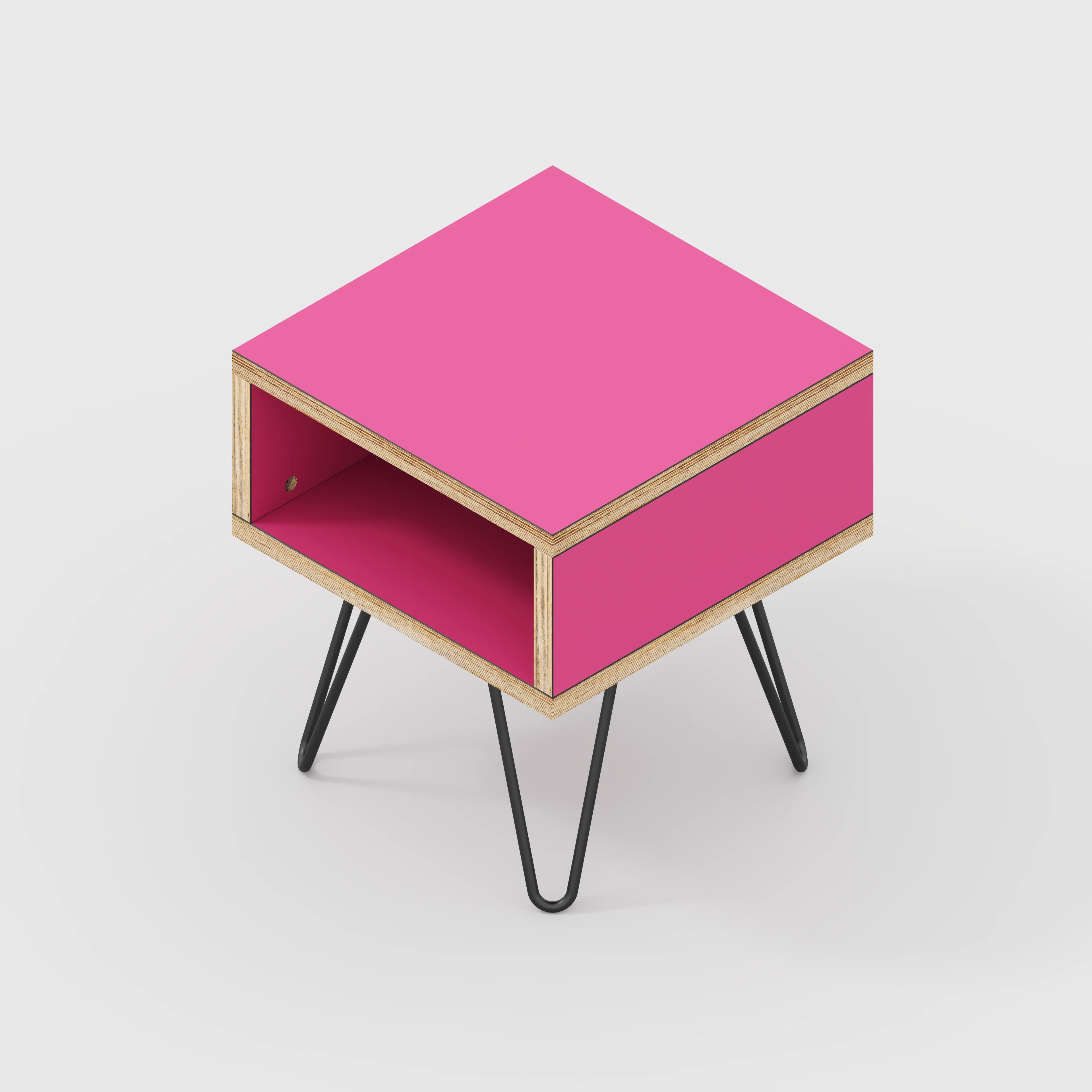 Plywood Bedside Table with Box Storage and Black Hairpin Legs - Formica Juicy Pink - 400(w) x 400(d) x 450(h) - Image 3