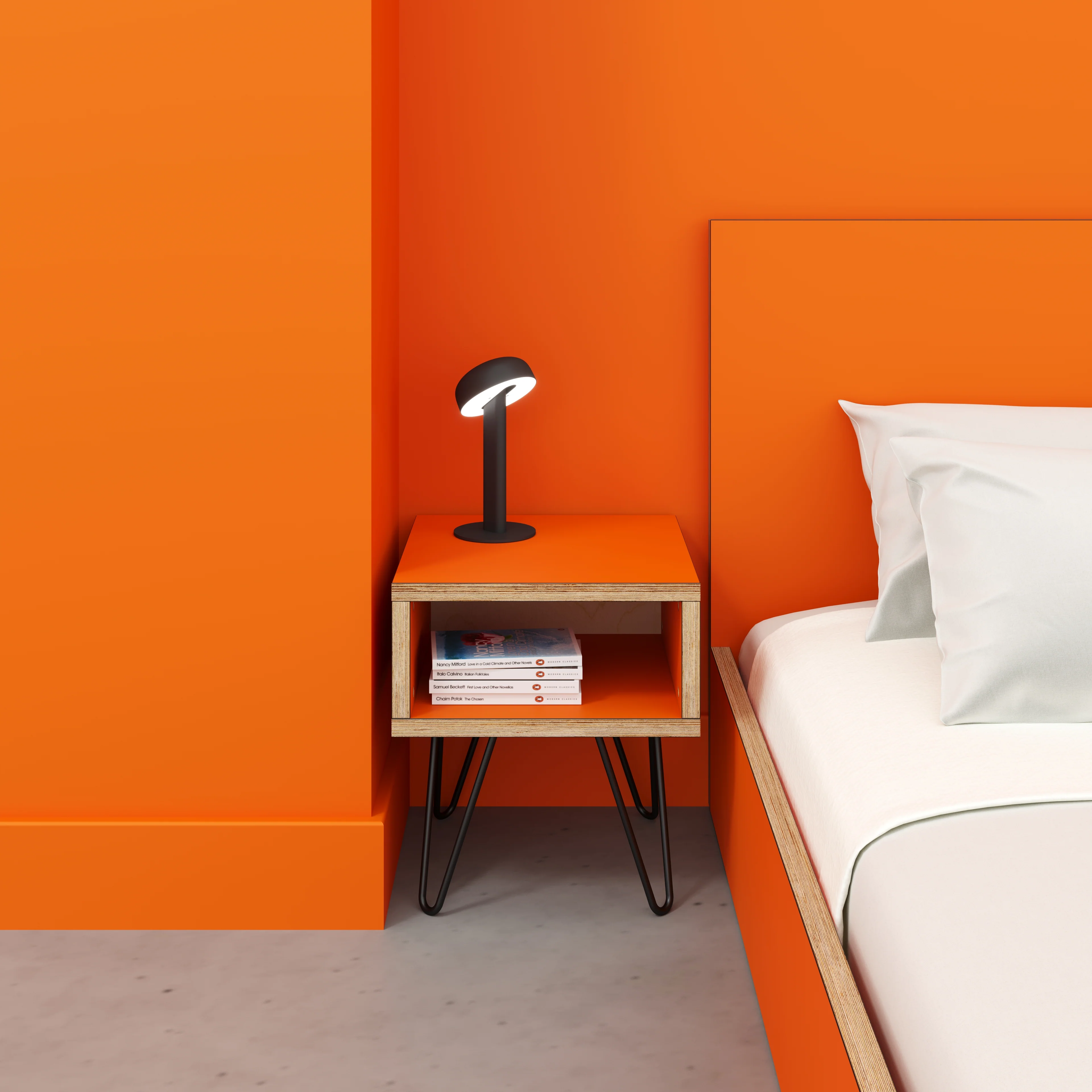 Plywood Bedside Table with Box Storage and Black Hairpin Legs - Formica Levante Orange - 400(w) x 400(d) x 450(h) - Image 2