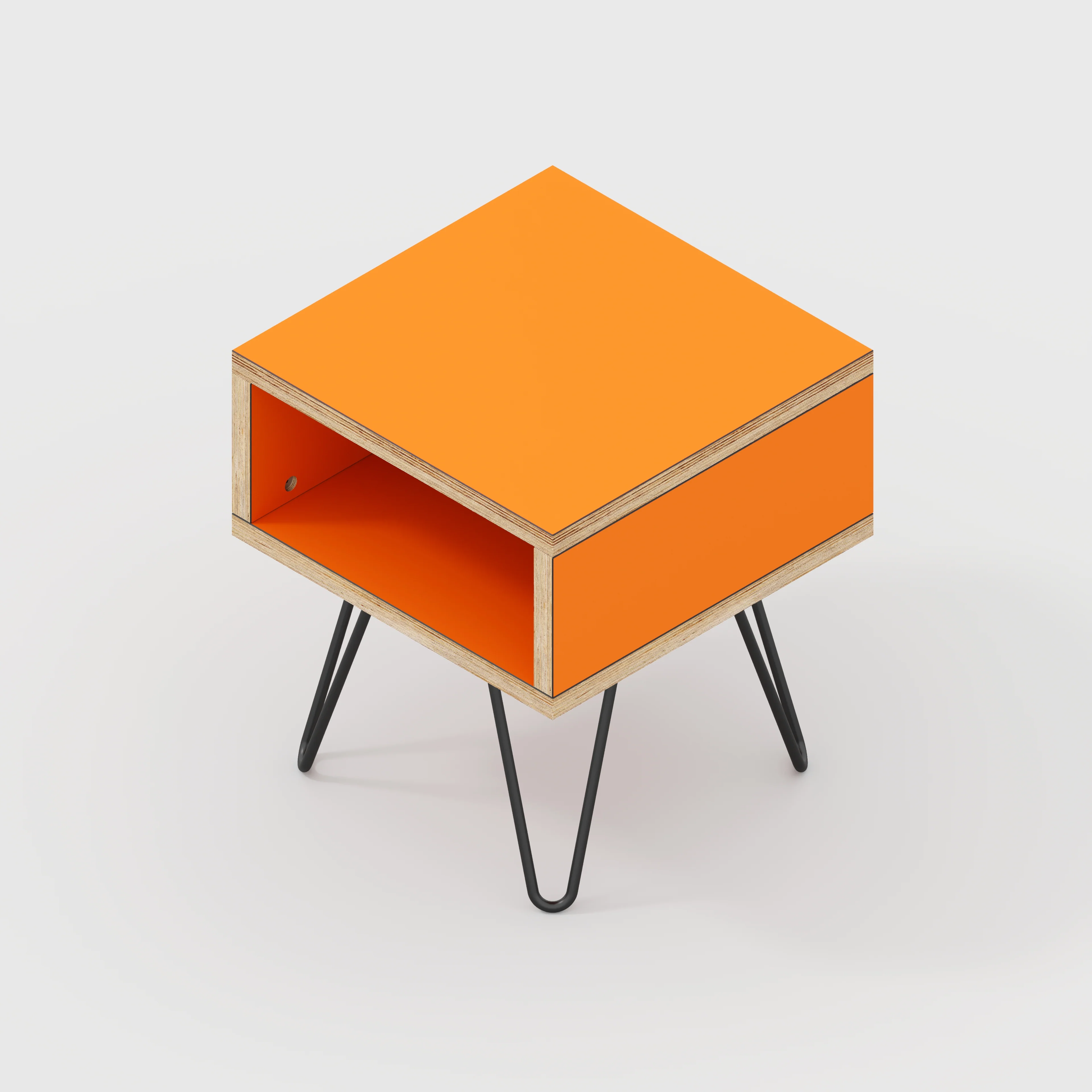 Plywood Bedside Table with Box Storage and Black Hairpin Legs - Formica Levante Orange - 400(w) x 400(d) x 450(h) - Image 3
