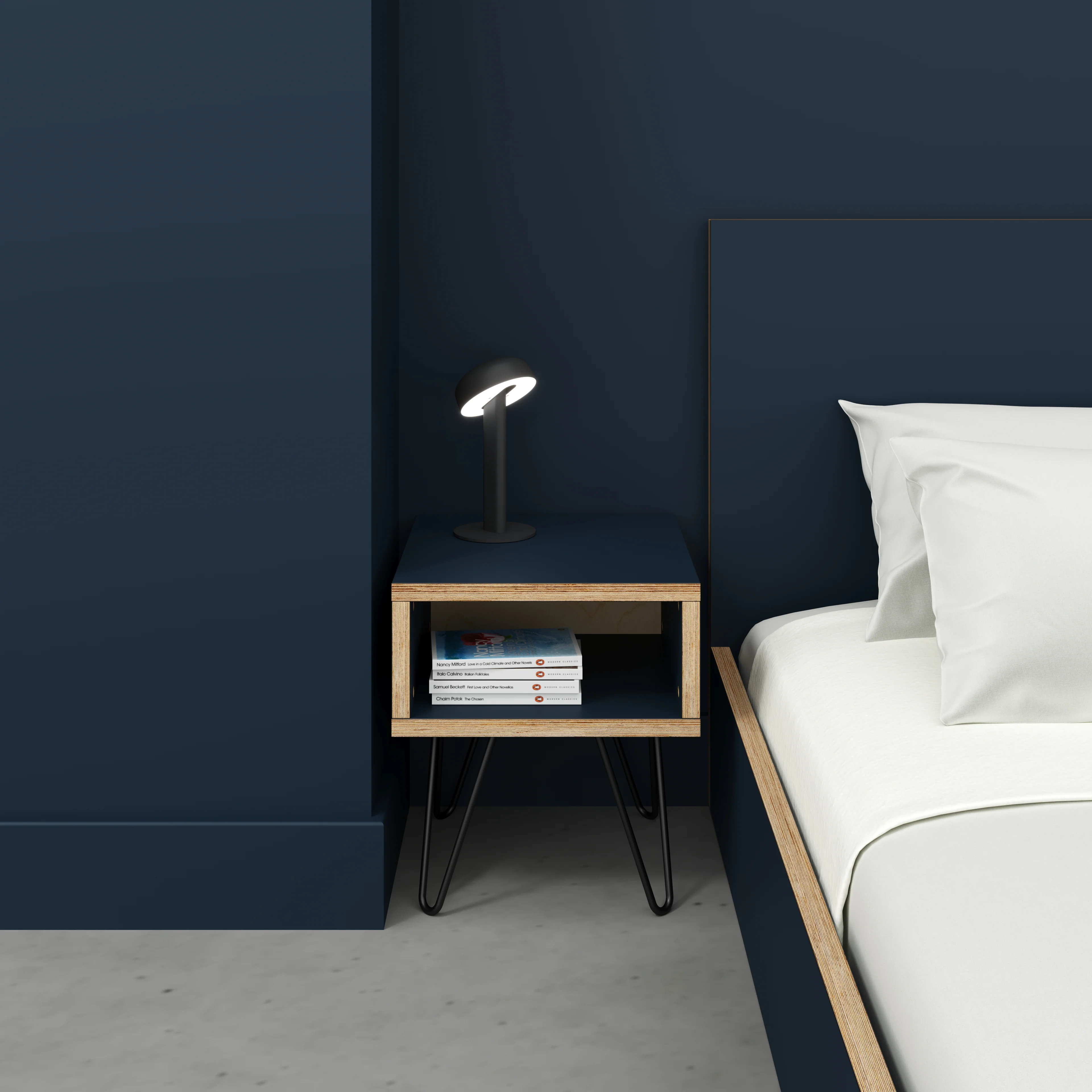 Plywood Bedside Table with Box Storage and Black Hairpin Legs - Formica Night Sea Blue - 400(w) x 400(d) x 450(h) - Image 2