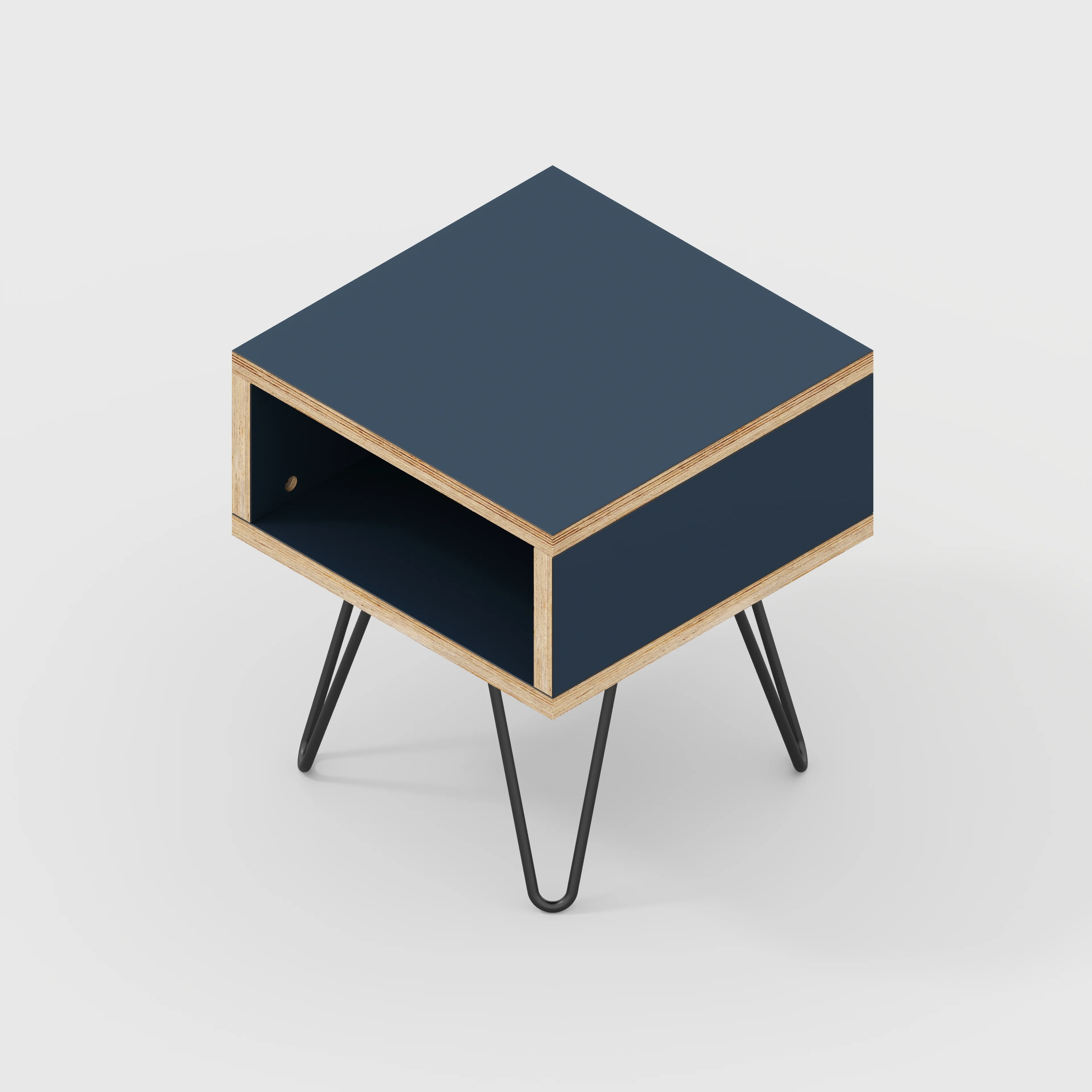 Plywood Bedside Table with Box Storage and Black Hairpin Legs - Formica Night Sea Blue - 400(w) x 400(d) x 450(h) - Image 3