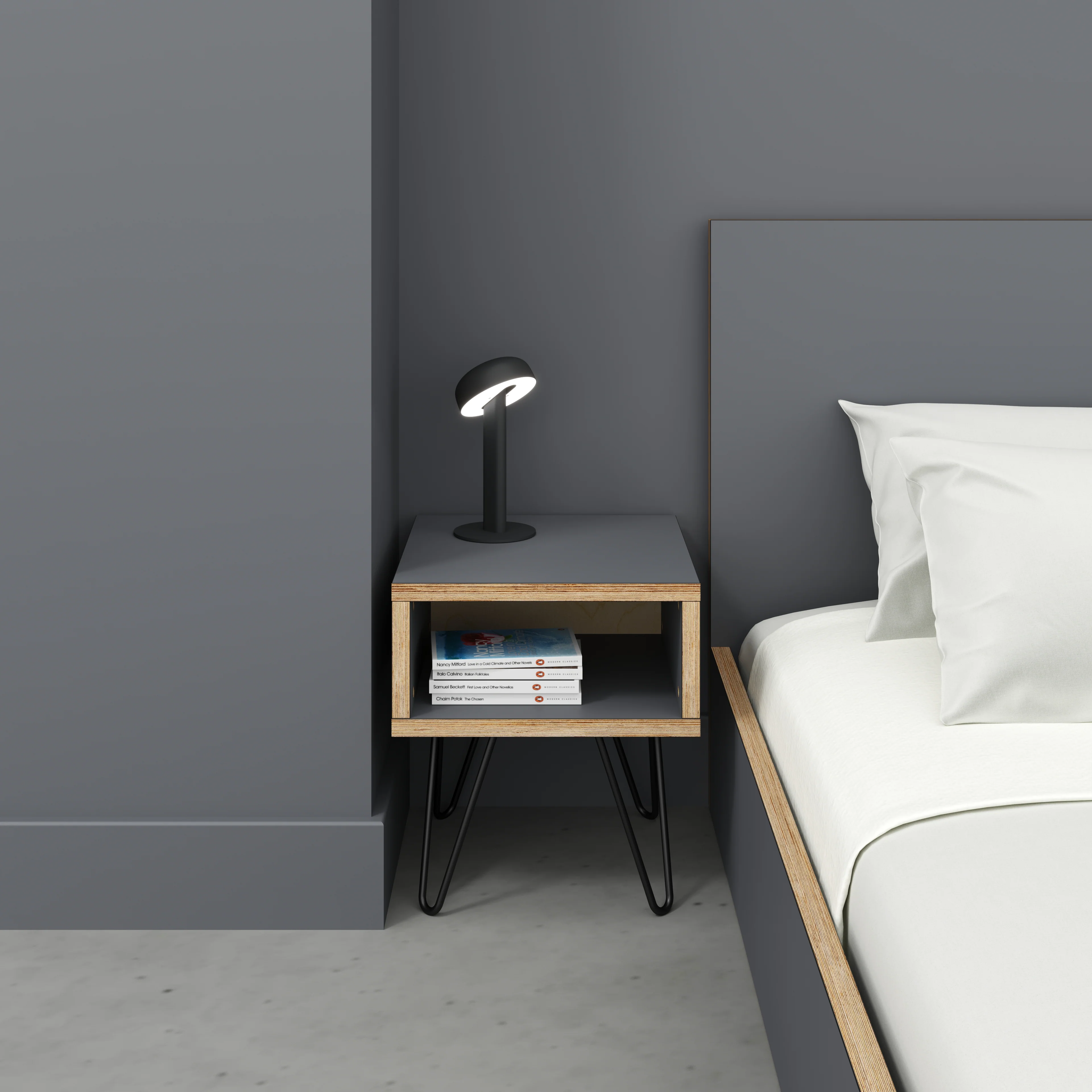 Plywood Bedside Table with Box Storage and Black Hairpin Legs - Formica Tornado Grey - 400(w) x 400(d) x 450(h) - Image 2