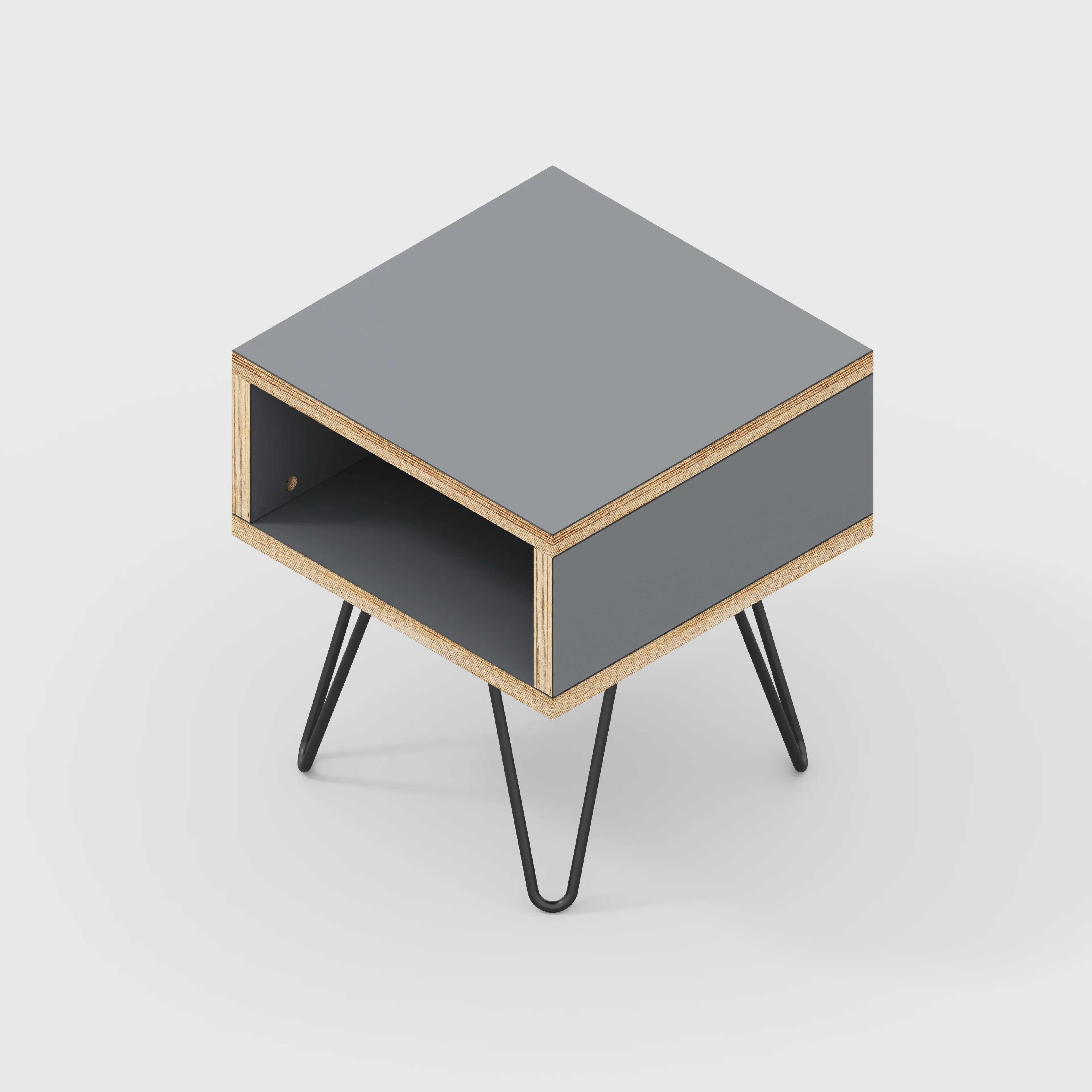 Plywood Bedside Table with Box Storage and Black Hairpin Legs - Formica Tornado Grey - 400(w) x 400(d) x 450(h) - Image 3