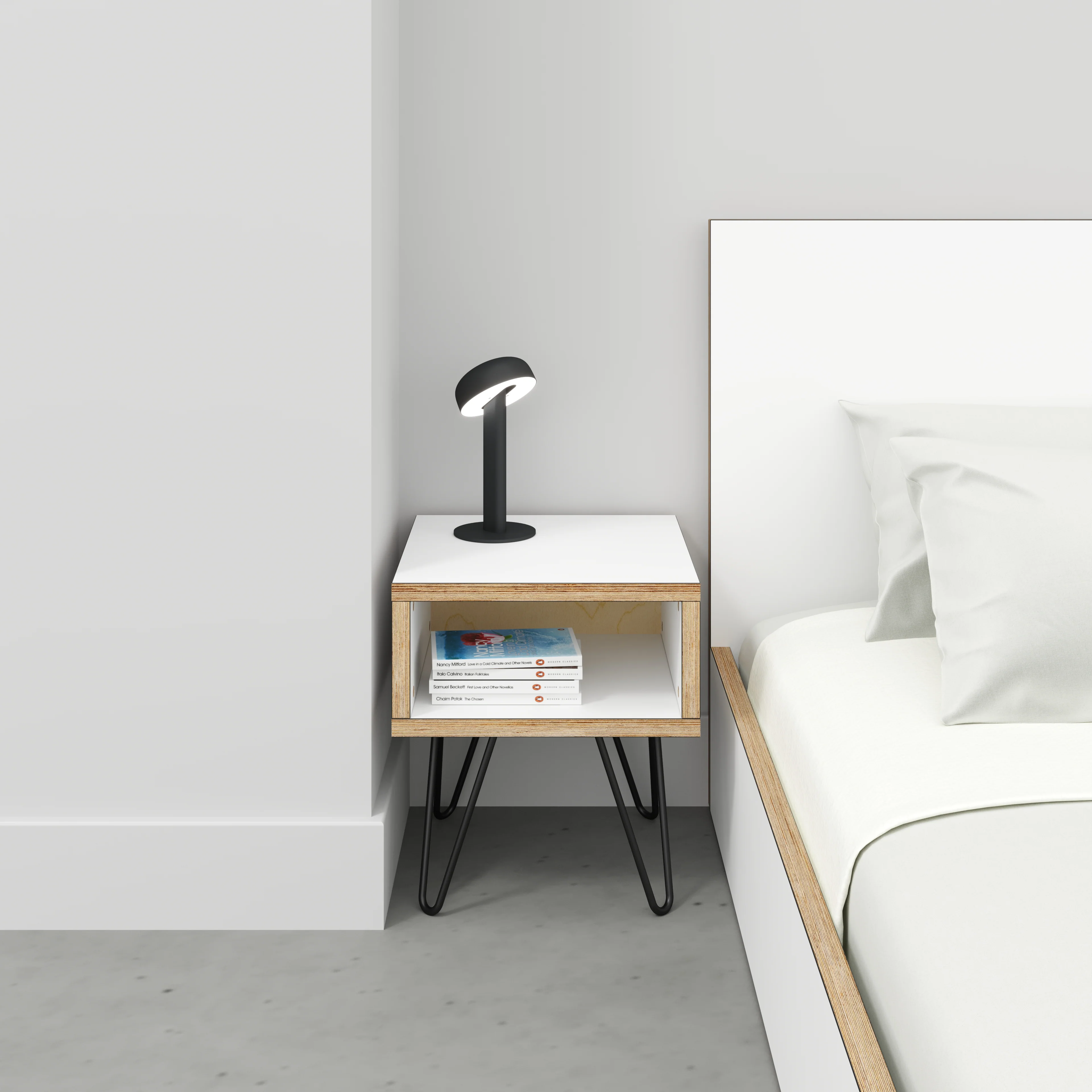 Plywood Bedside Table with Box Storage and Black Hairpin Legs - Formica White - 400(w) x 400(d) x 450(h) - Image 2