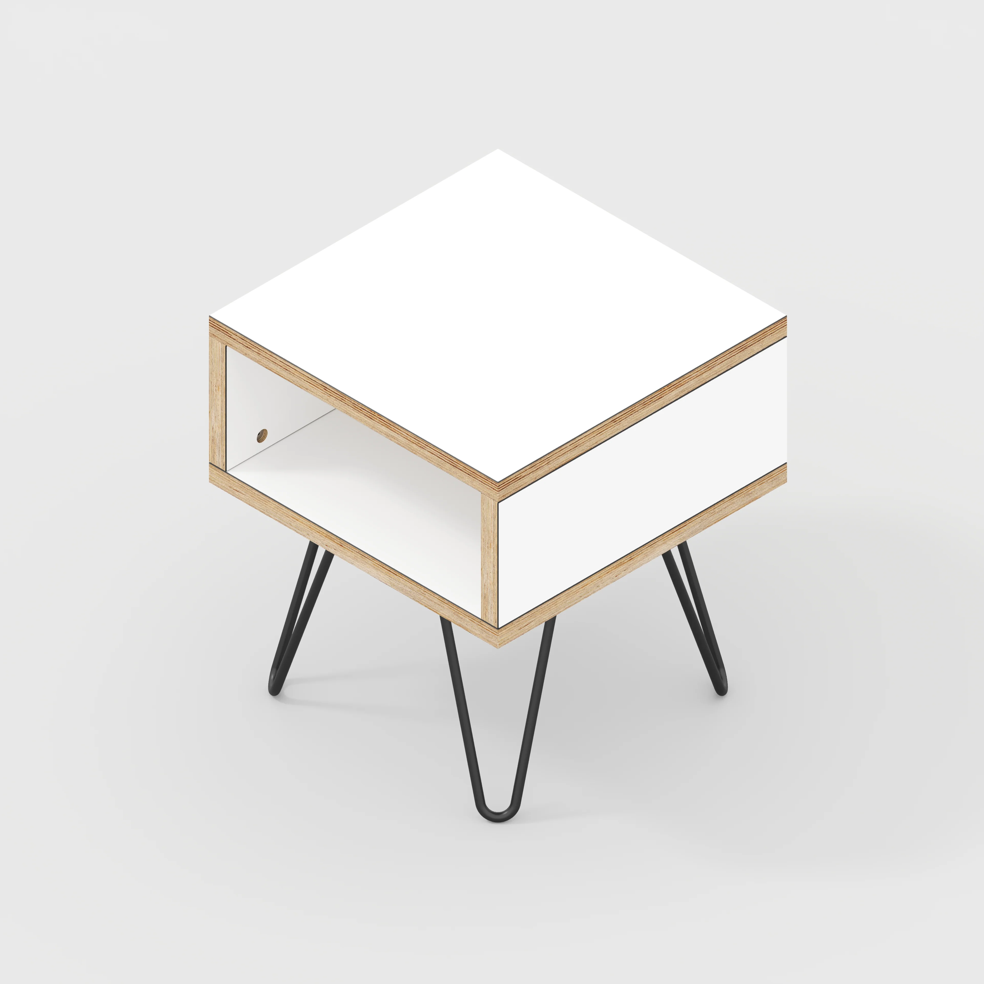 Plywood Bedside Table with Box Storage and Black Hairpin Legs - Formica White - 400(w) x 400(d) x 450(h) - Image 3