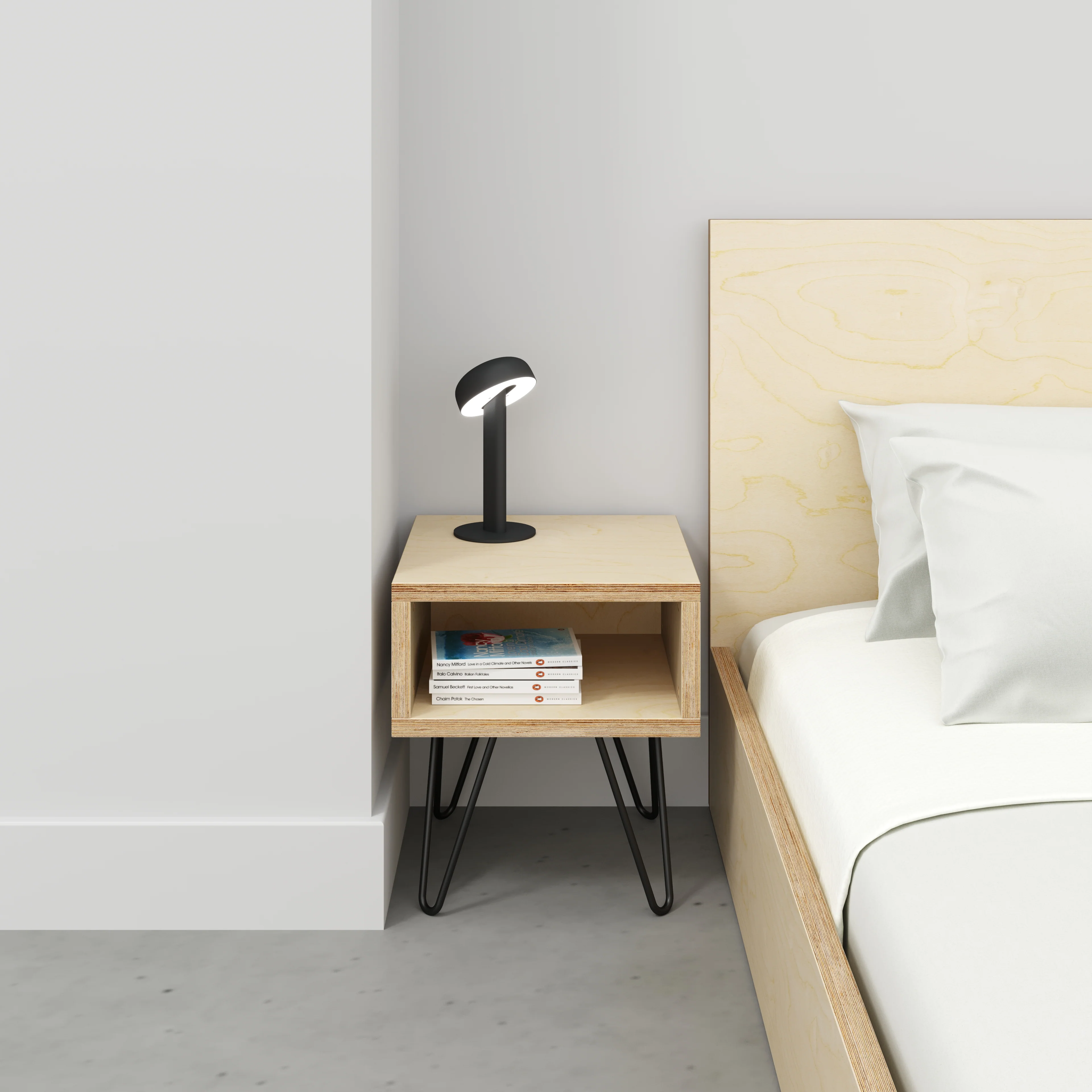 Plywood Bedside Table with Box Storage and Black Hairpin Legs - Plywood Birch - 400(w) x 400(d) x 450(h) - Image 2