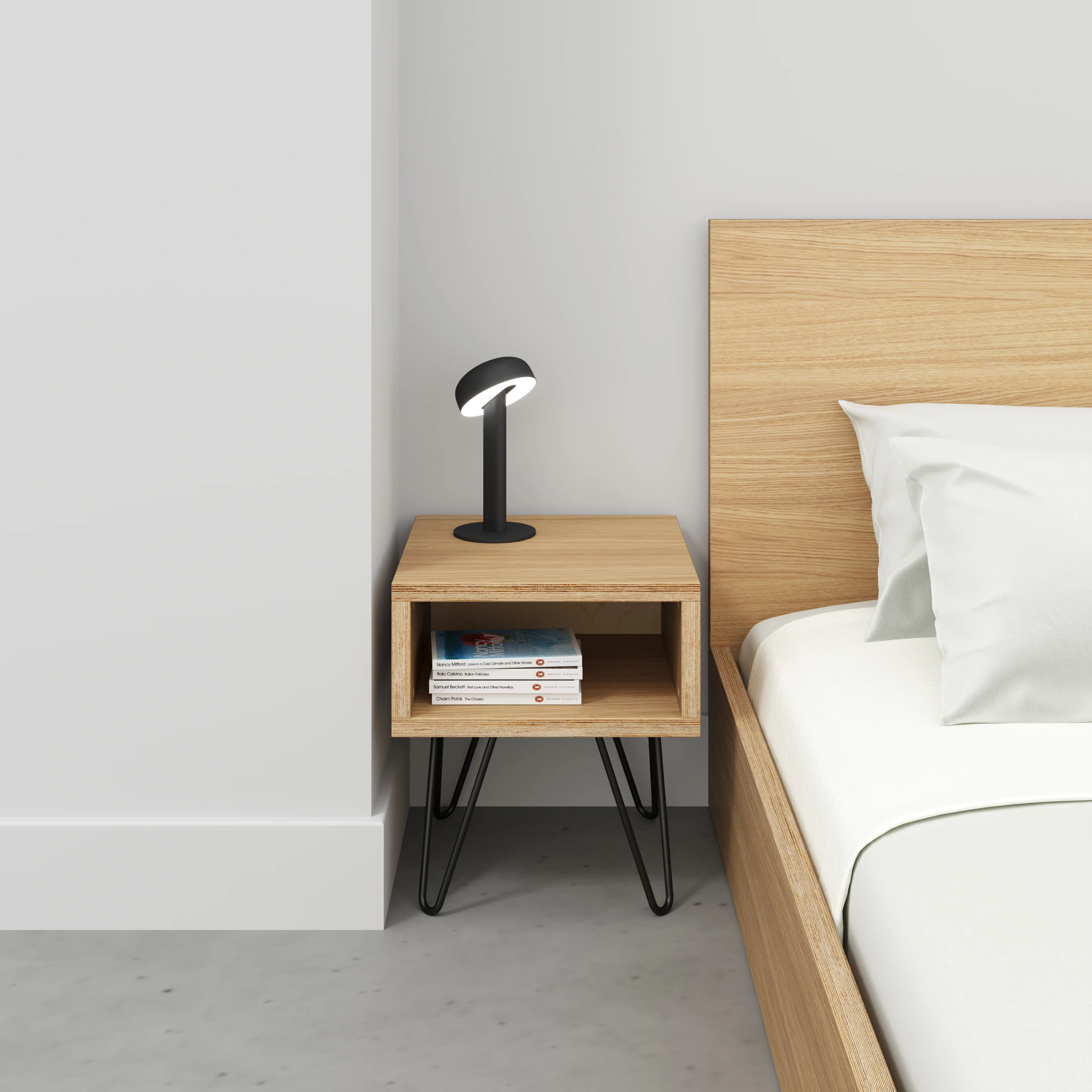 Plywood Bedside Table with Box Storage and Black Hairpin Legs - Plywood Oak - 400(w) x 400(d) x 450(h) - Image 2