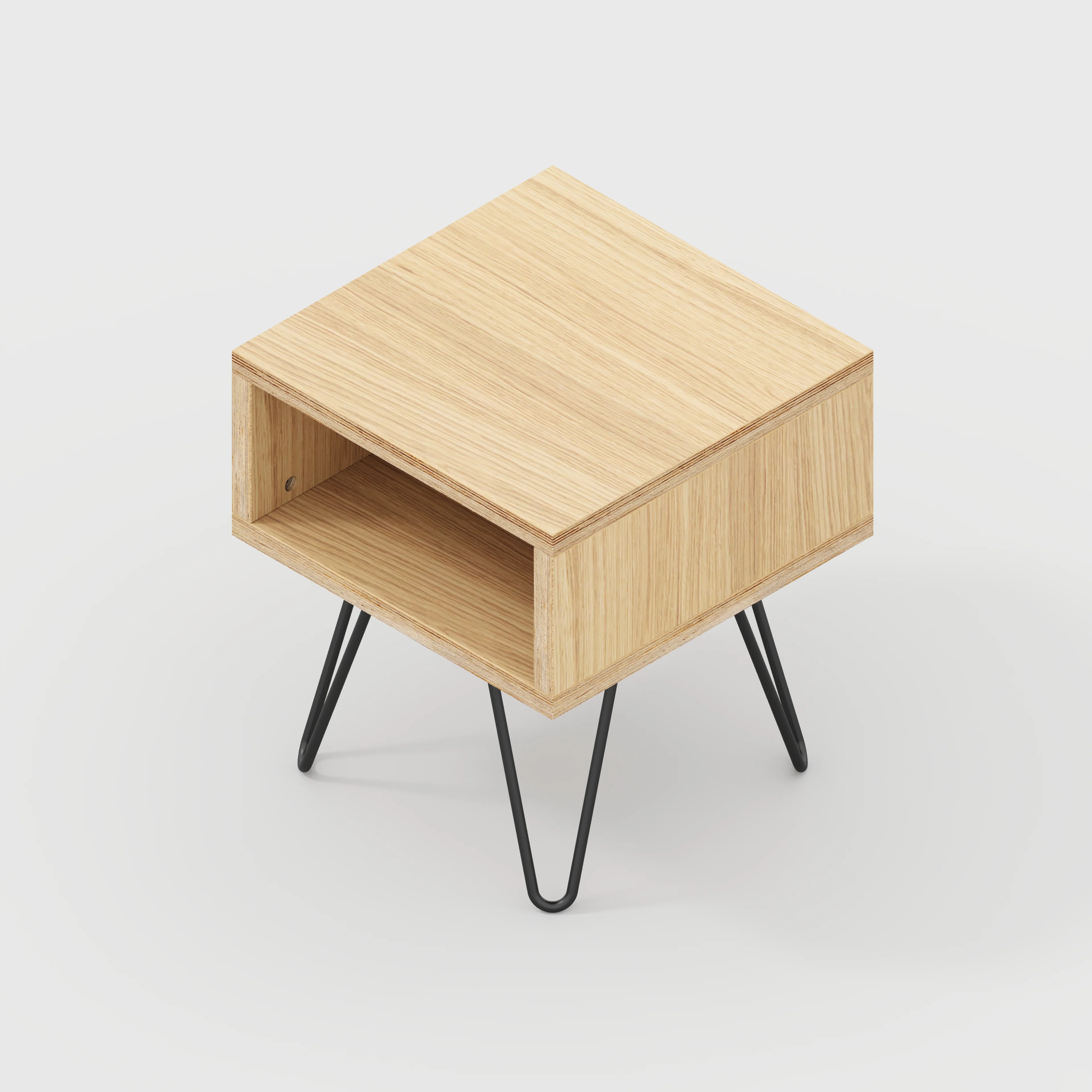 Plywood Bedside Table with Box Storage and Black Hairpin Legs - Plywood Oak - 400(w) x 400(d) x 450(h) - Image 3