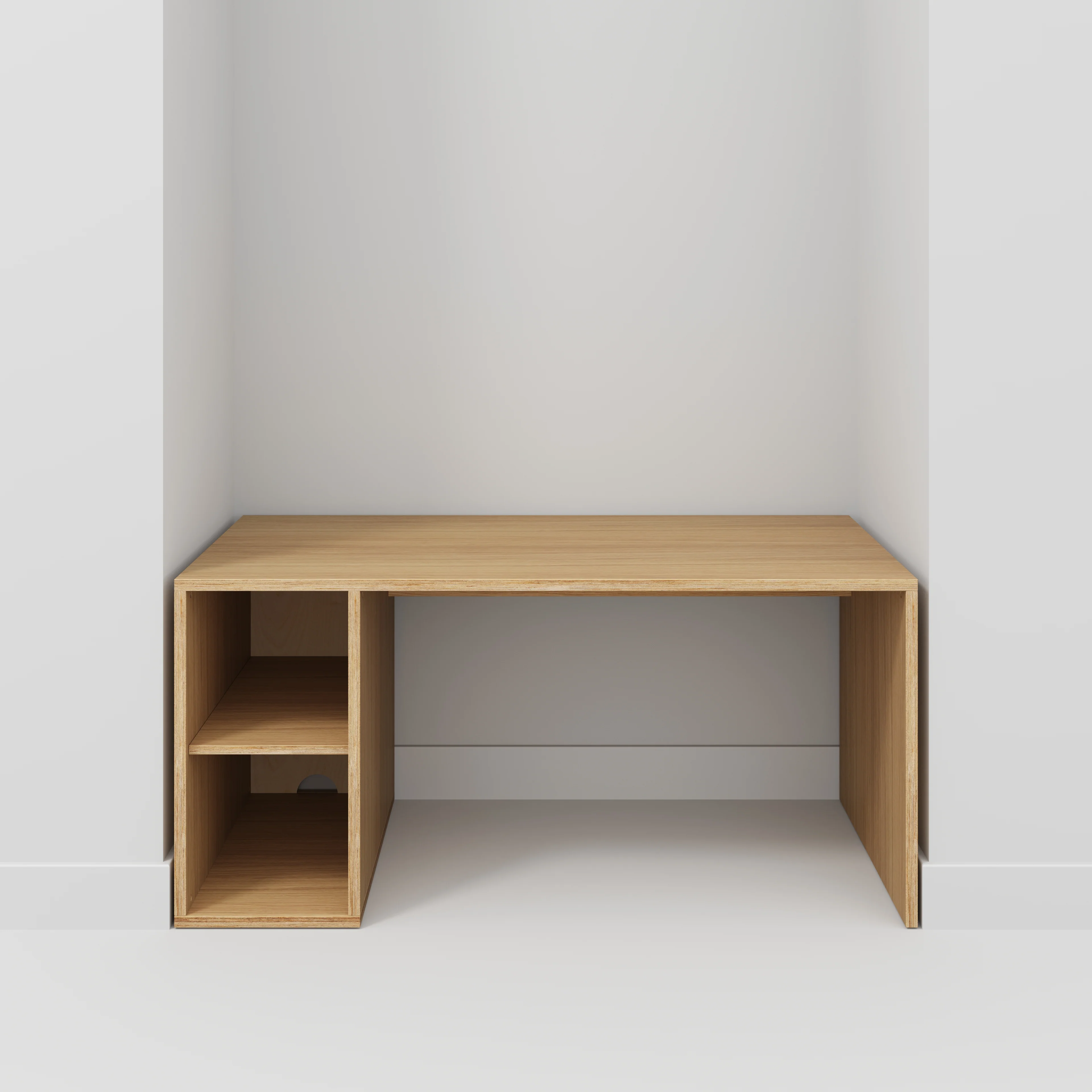 Plywood Desk with Storage Type 1 LH - Open Shelves - Plywood Oak - 1600(w) x 800(d) x 750(h) - Image 2