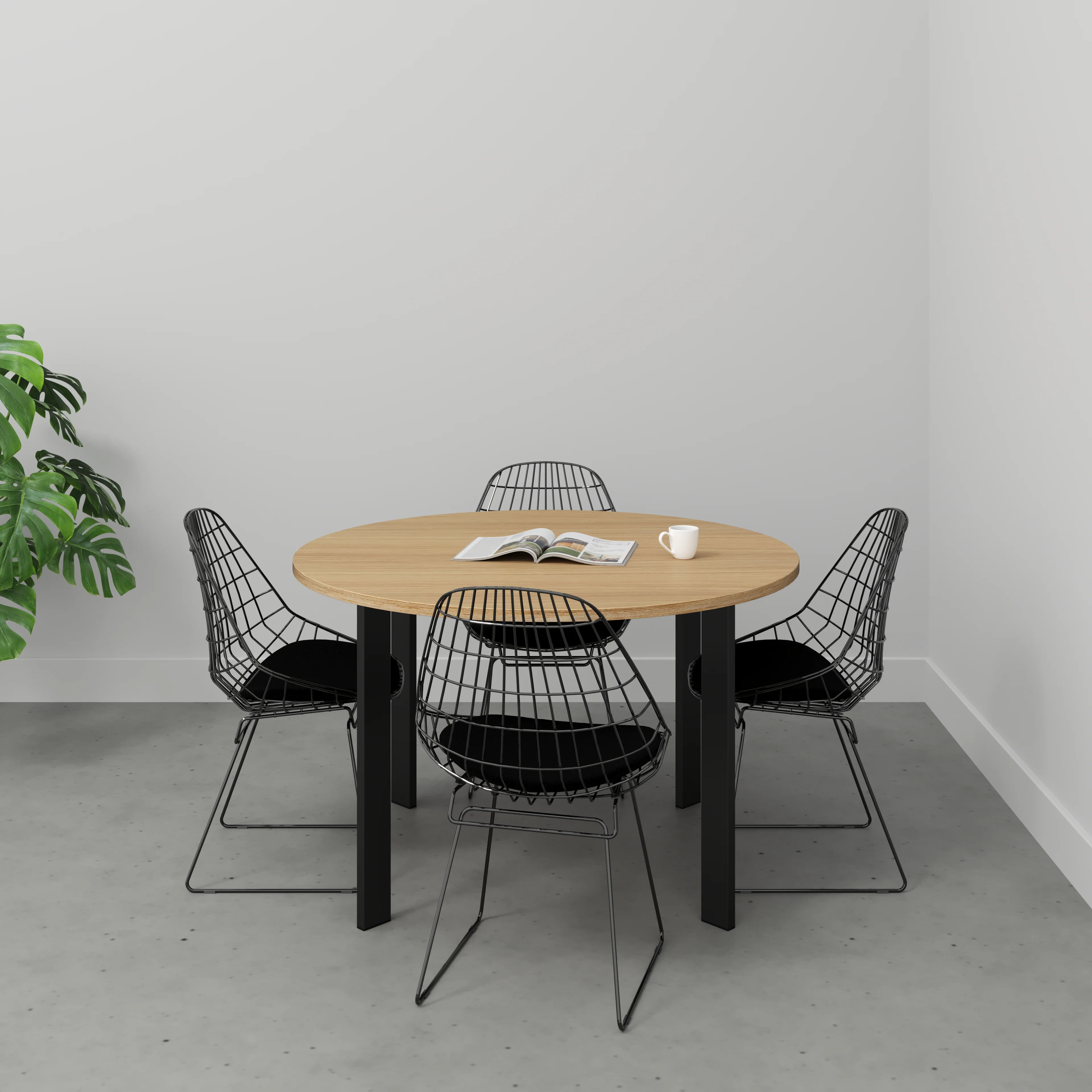 Plywood Round Table with Black Rectangular Single Pin Legs - Plywood Oak - 1200(dia) x 735(h) - Image 2