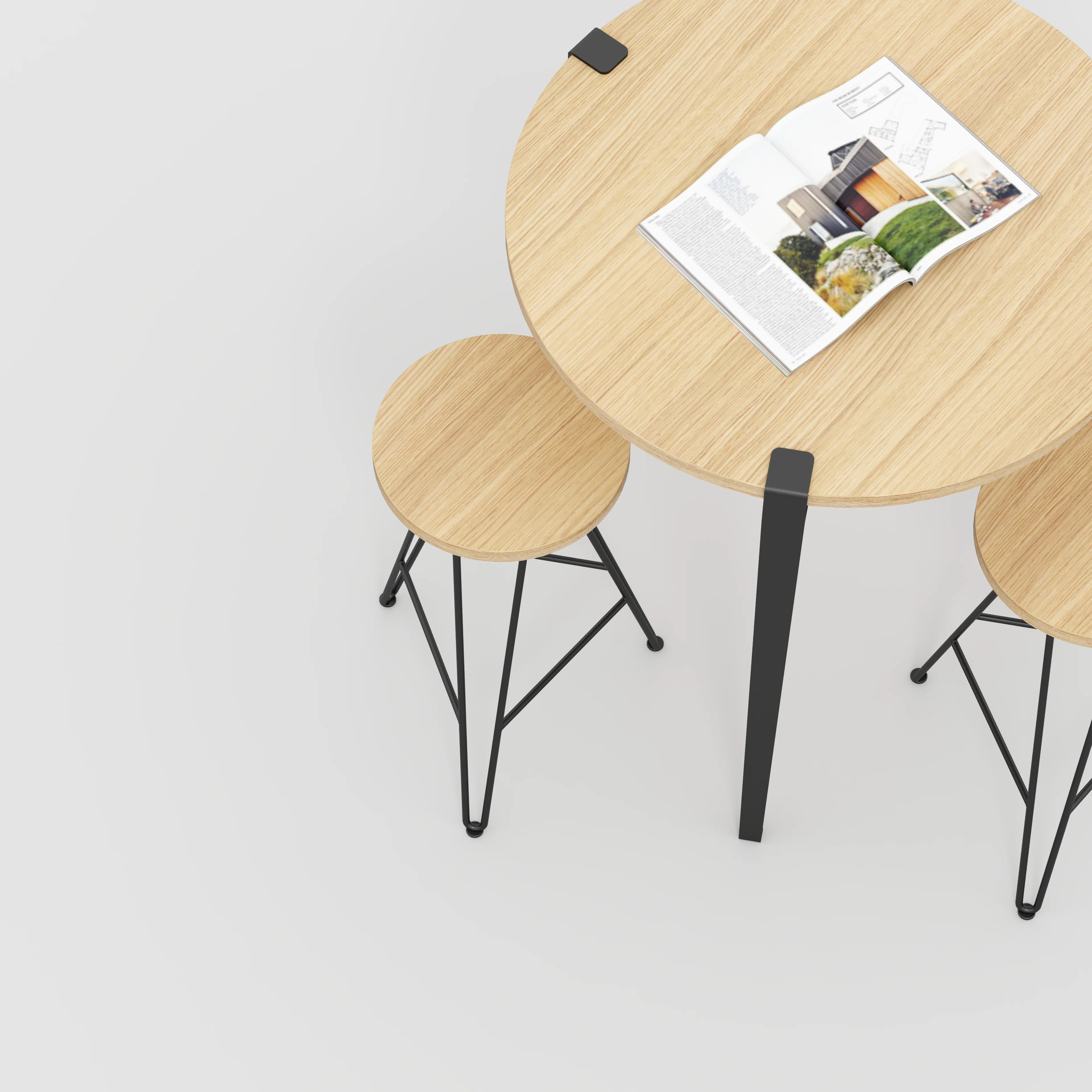 Plywood Round Table with Black Tiptoe Legs - Plywood Oak - 800(dia) x 900(h) - Image 3