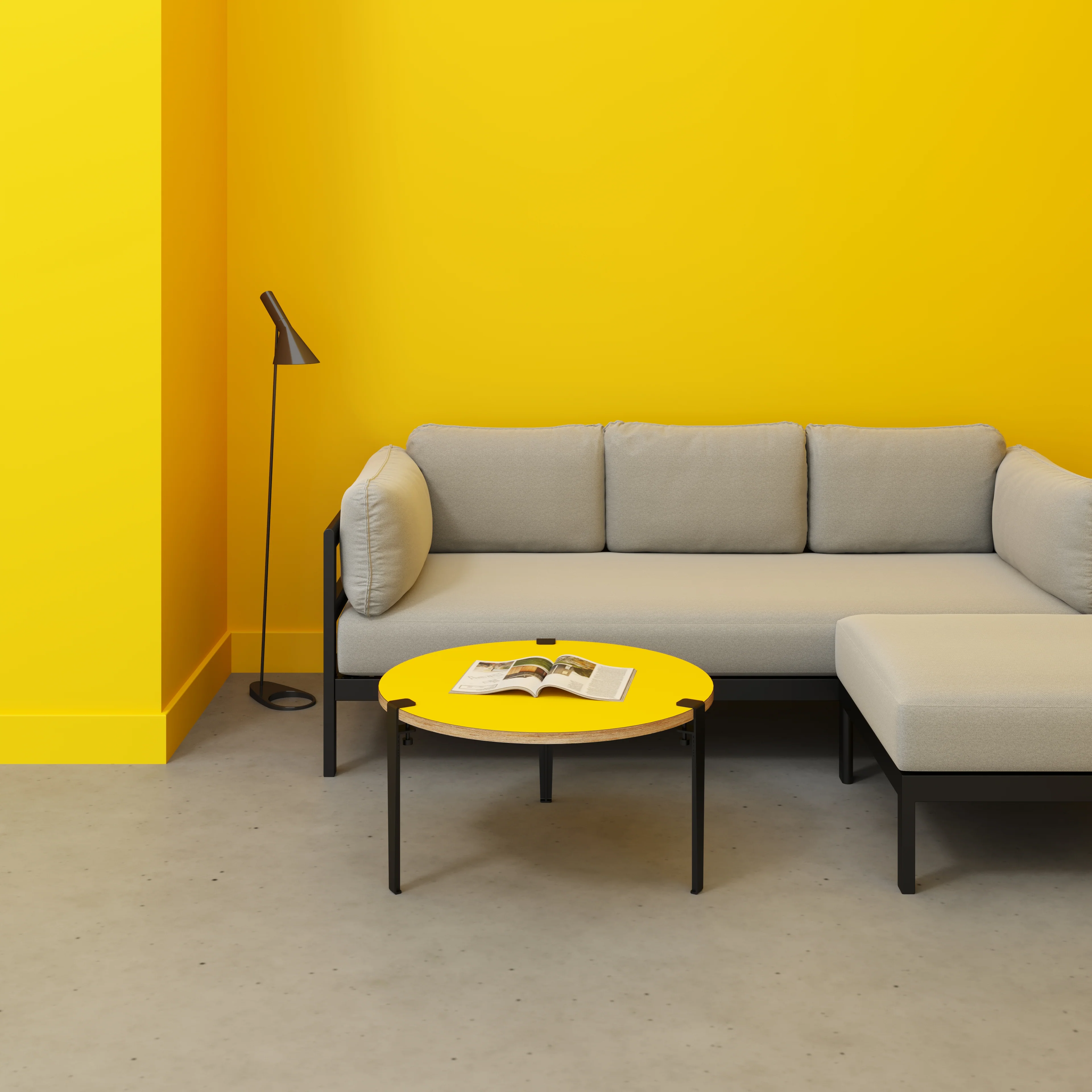 Plywood Round Coffee Table with Black Tiptoe Legs - Formica Chrome Yellow - 800(dia) x 430(h) - Image 2