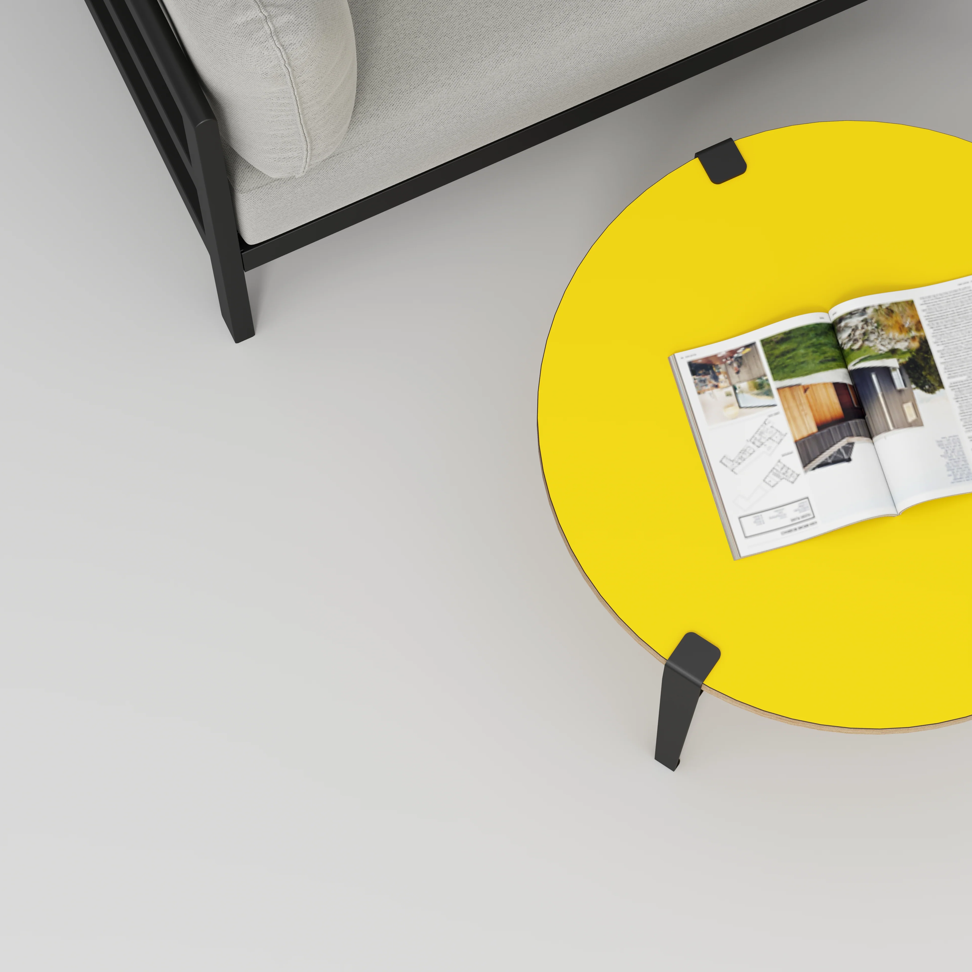 Plywood Round Coffee Table with Black Tiptoe Legs - Formica Chrome Yellow - 800(dia) x 430(h) - Image 3