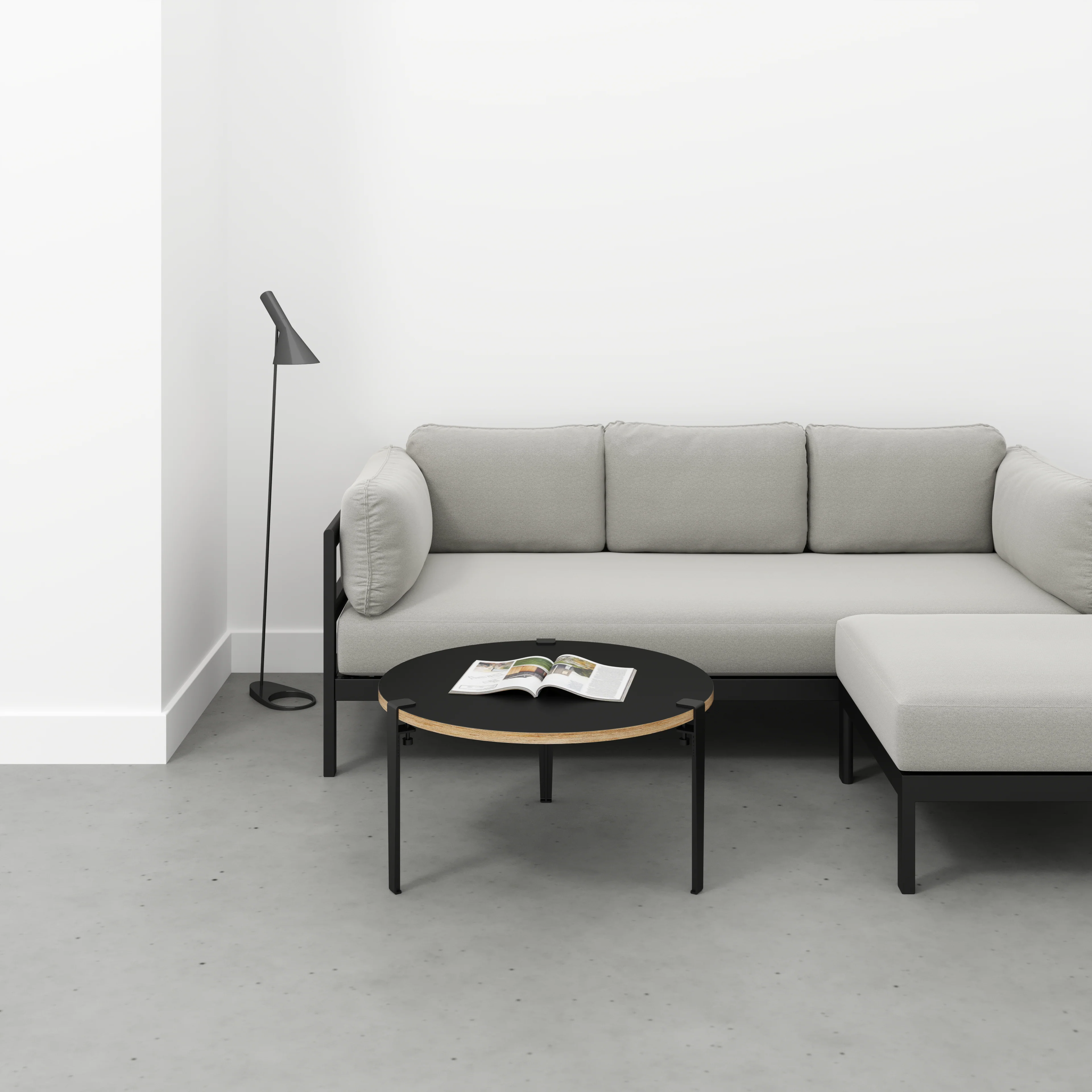 Plywood Round Coffee Table with Black Tiptoe Legs - Formica Diamond Black - 800(dia) x 430(h) - Image 2