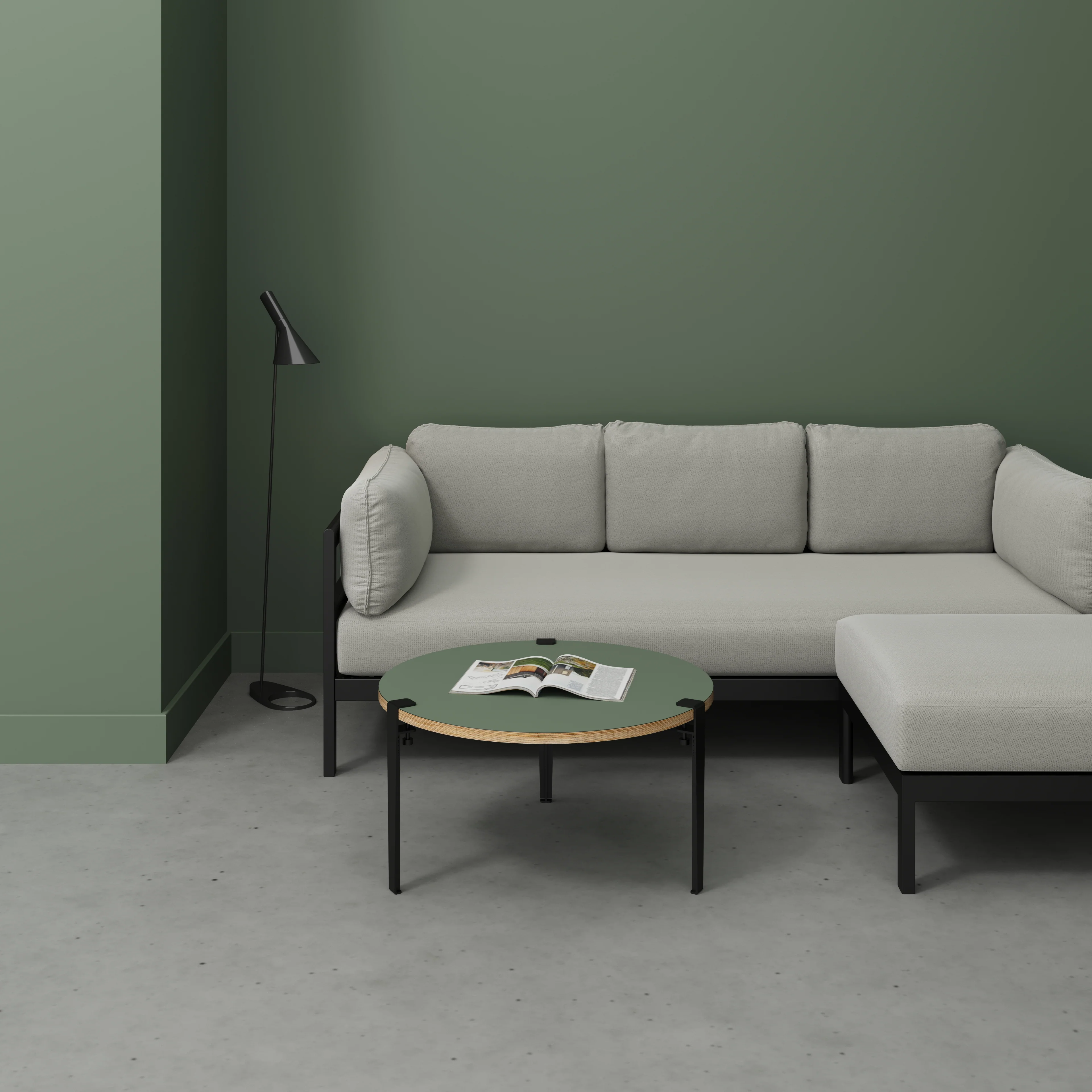 Plywood Round Coffee Table with Black Tiptoe Legs - Formica Green Slate - 800(dia) x 430(h) - Image 2