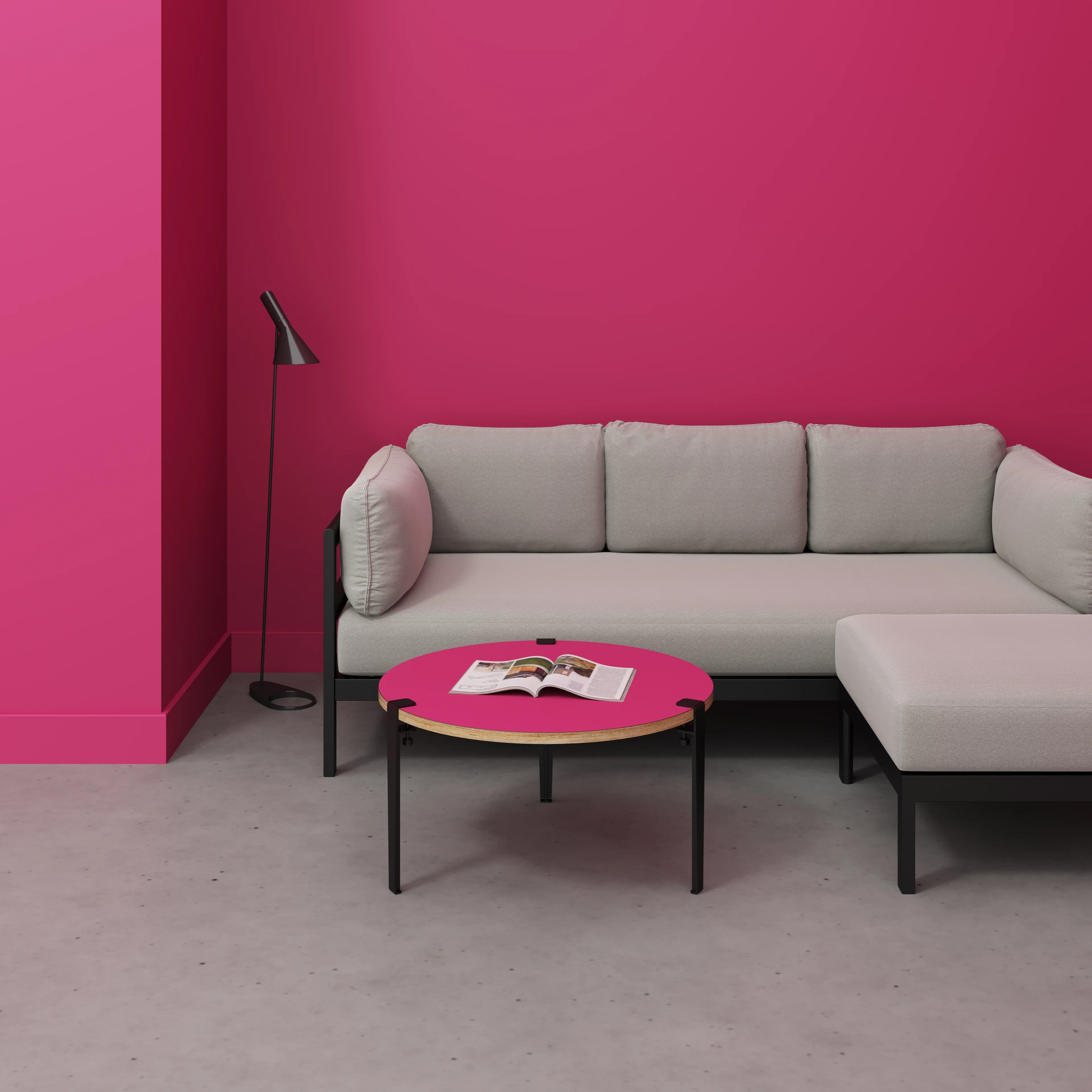 Plywood Round Coffee Table with Black Tiptoe Legs - Formica Juicy Pink - 800(dia) x 430(h) - Image 2