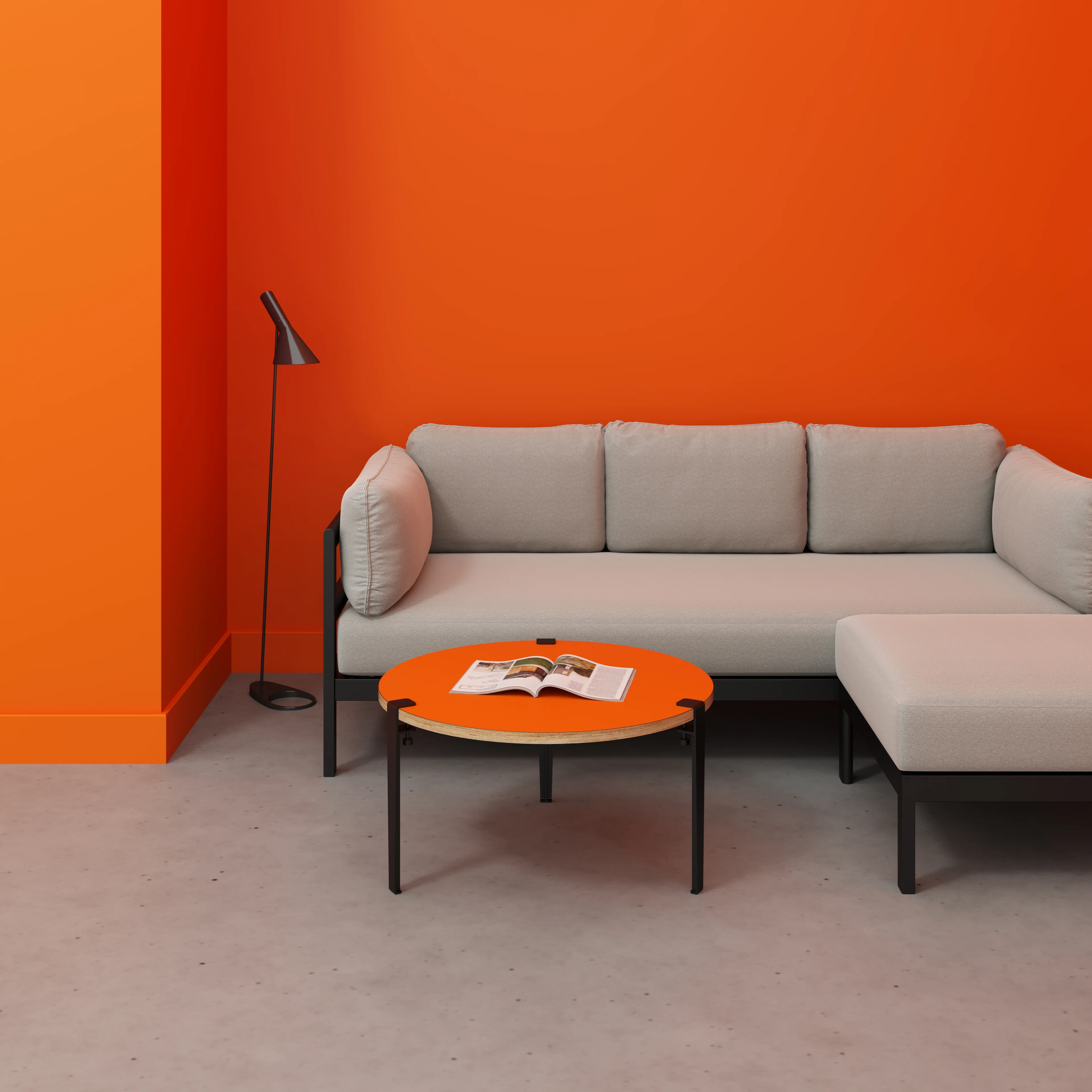 Plywood Round Coffee Table with Black Tiptoe Legs - Formica Levante Orange - 800(dia) x 430(h) - Image 2