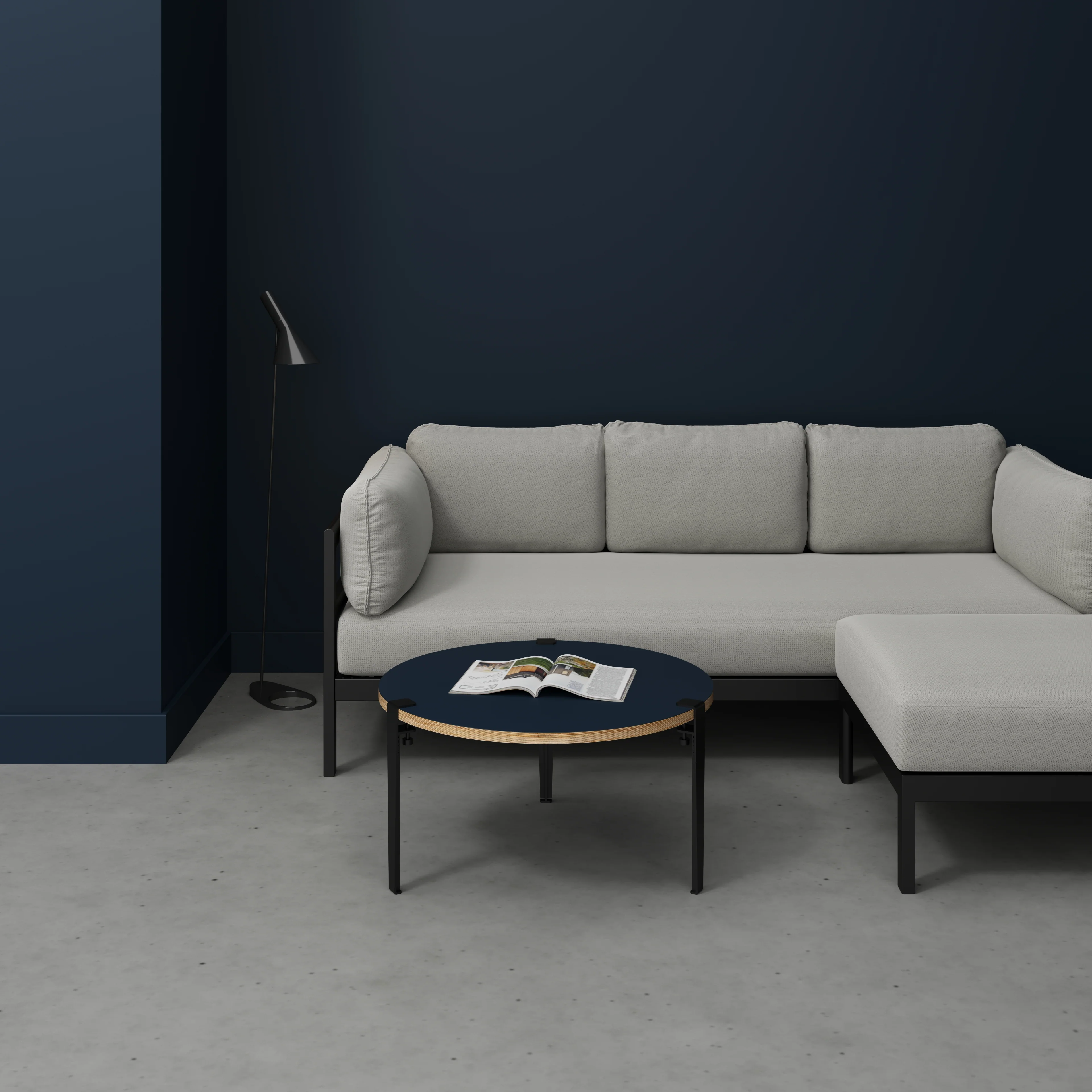 Plywood Round Coffee Table with Black Tiptoe Legs - Formica Night Sea Blue - 800(dia) x 430(h) - Image 2