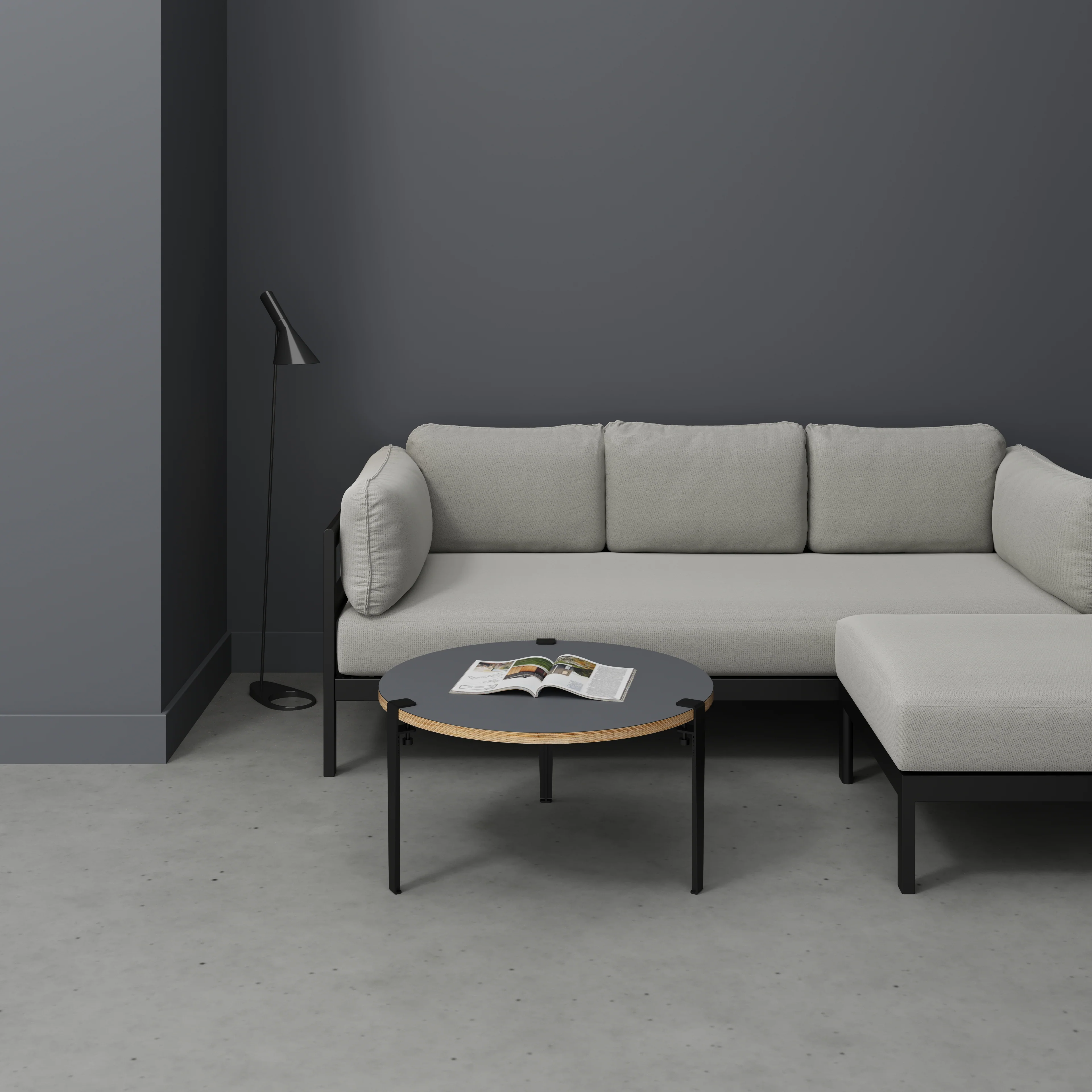 Plywood Round Coffee Table with Black Tiptoe Legs - Formica Tornado Grey - 800(dia) x 430(h) - Image 2