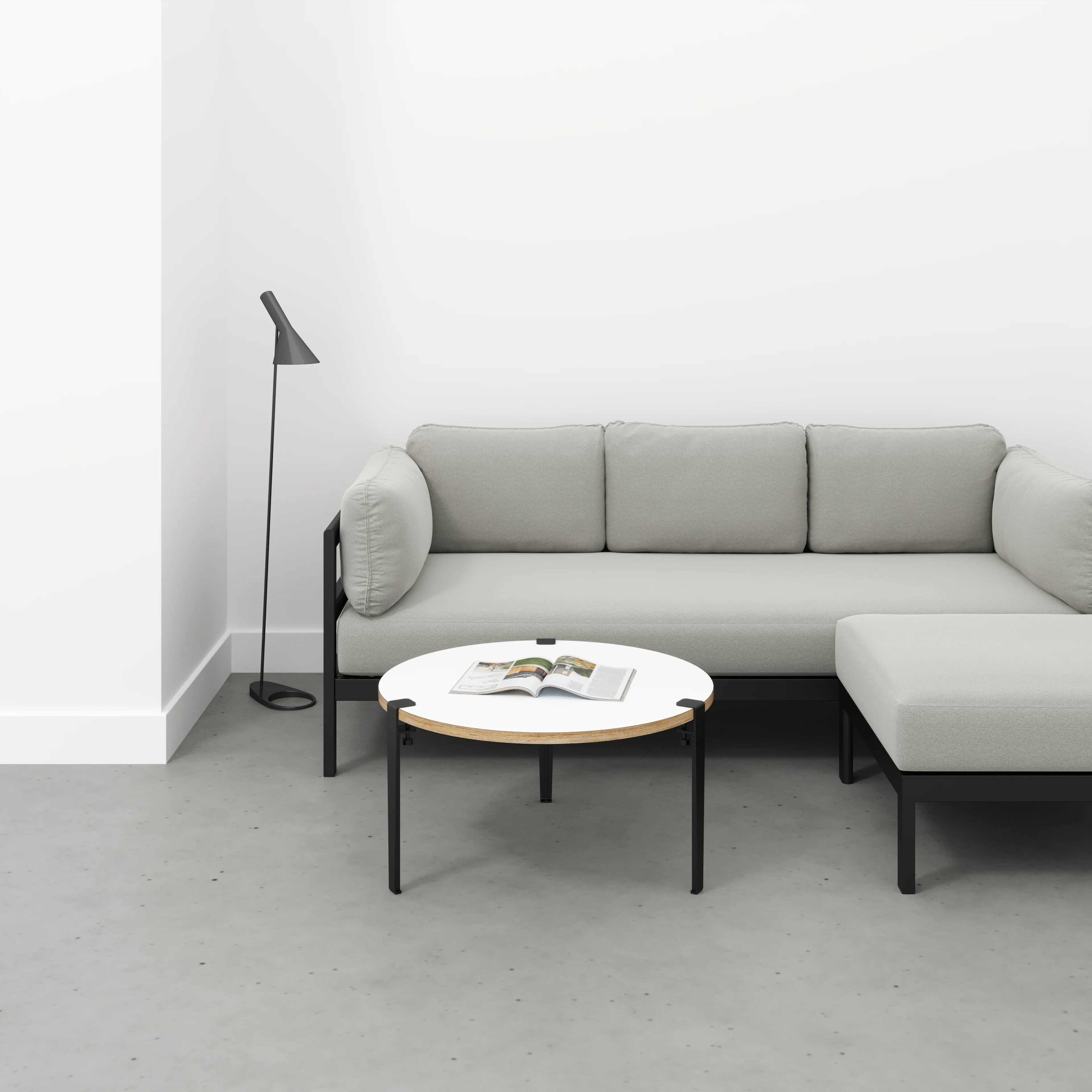 Plywood Round Coffee Table with Black Tiptoe Legs - Formica White - 800(dia) x 430(h) - Image 2
