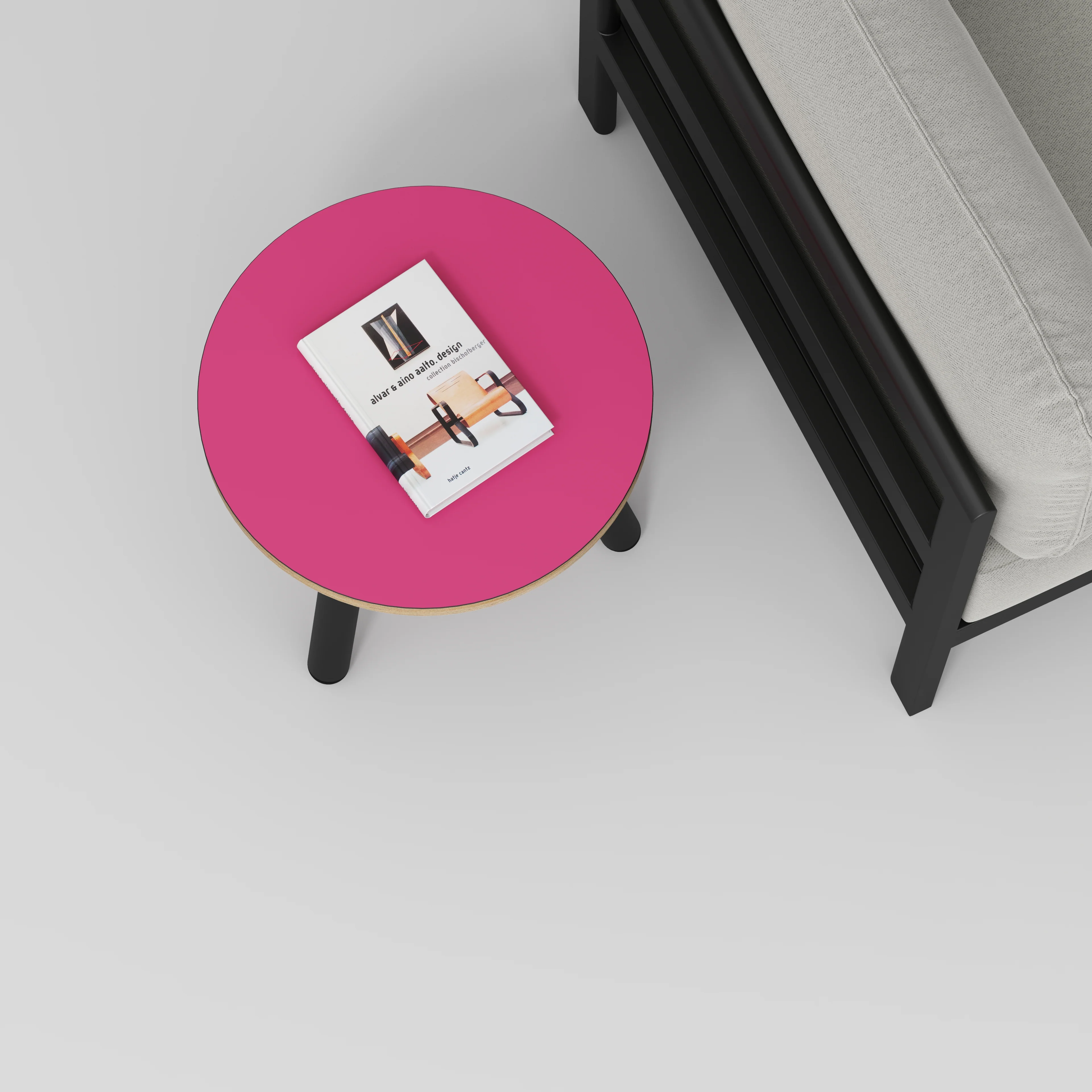 Plywood Round Side Table with Black Round Single Pin Legs - Formica Juicy Pink - 500(w) x 500(d) x 425(h) - Image 3
