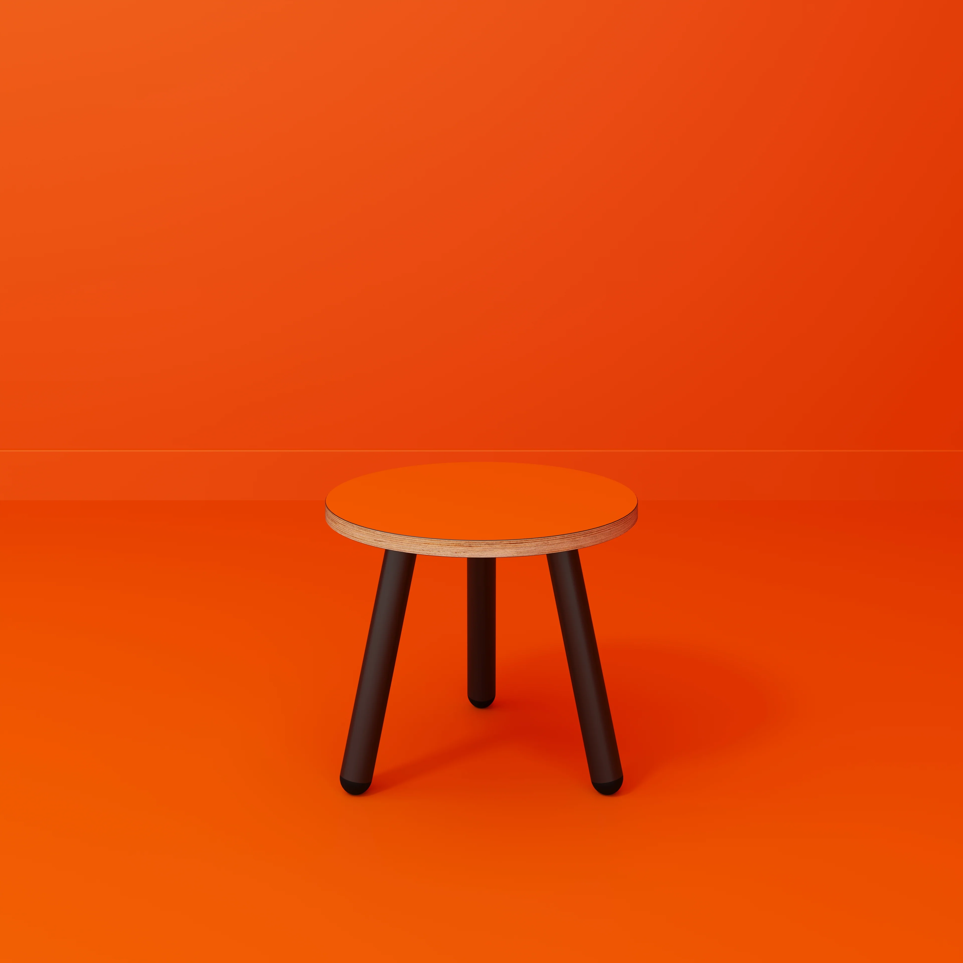 Plywood Round Side Table with Black Round Single Pin Legs - Formica Levante Orange - 500(w) x 500(d) x 425(h) - Image 2