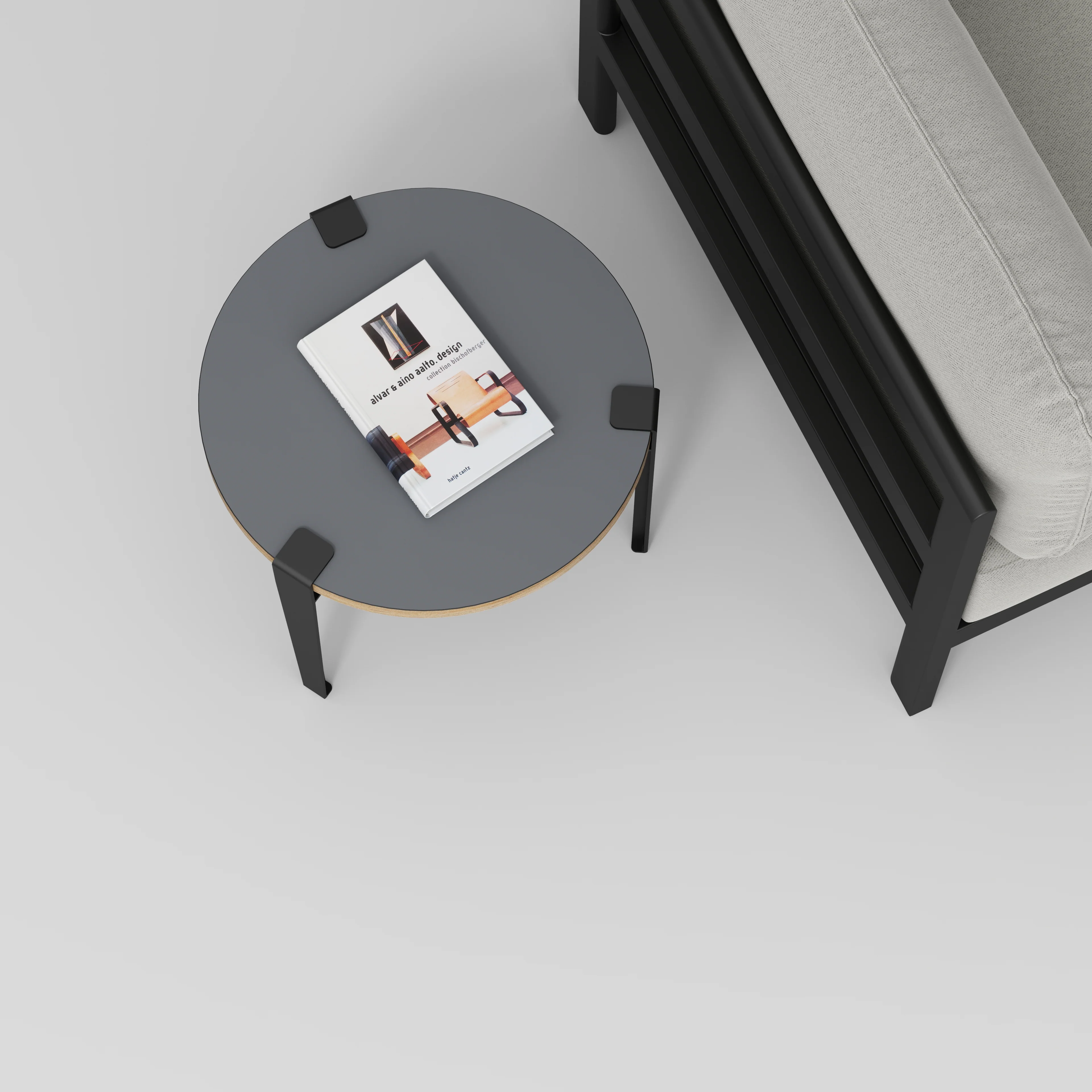 Plywood Round Side Table with Black Tiptoe Legs - Formica Tornado Grey - 500(dia) x 430(h) - Image 3