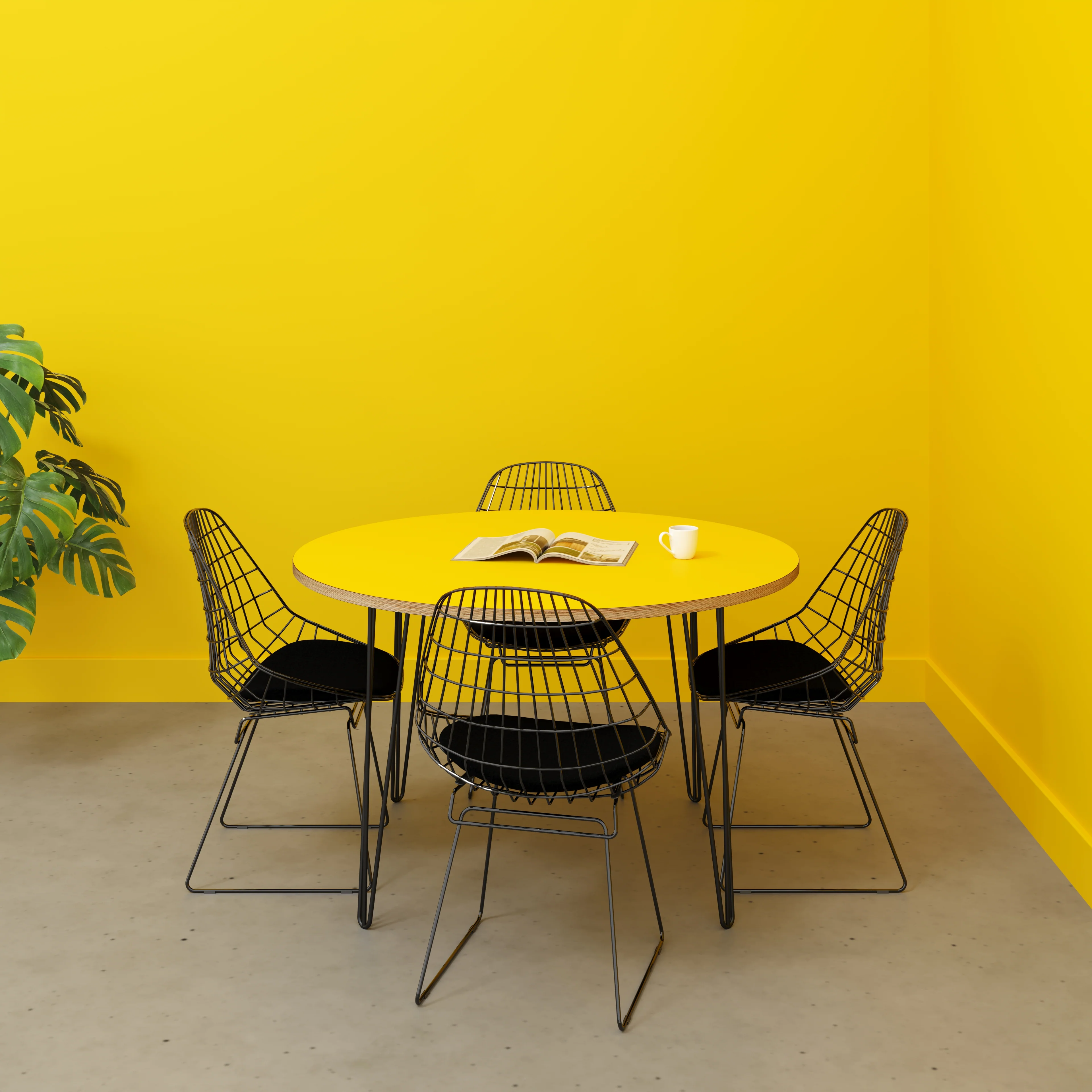 Plywood Round Table with Black Hairpin Legs - Formica Chrome Yellow - 1200(dia) x 735(h) - Image 2