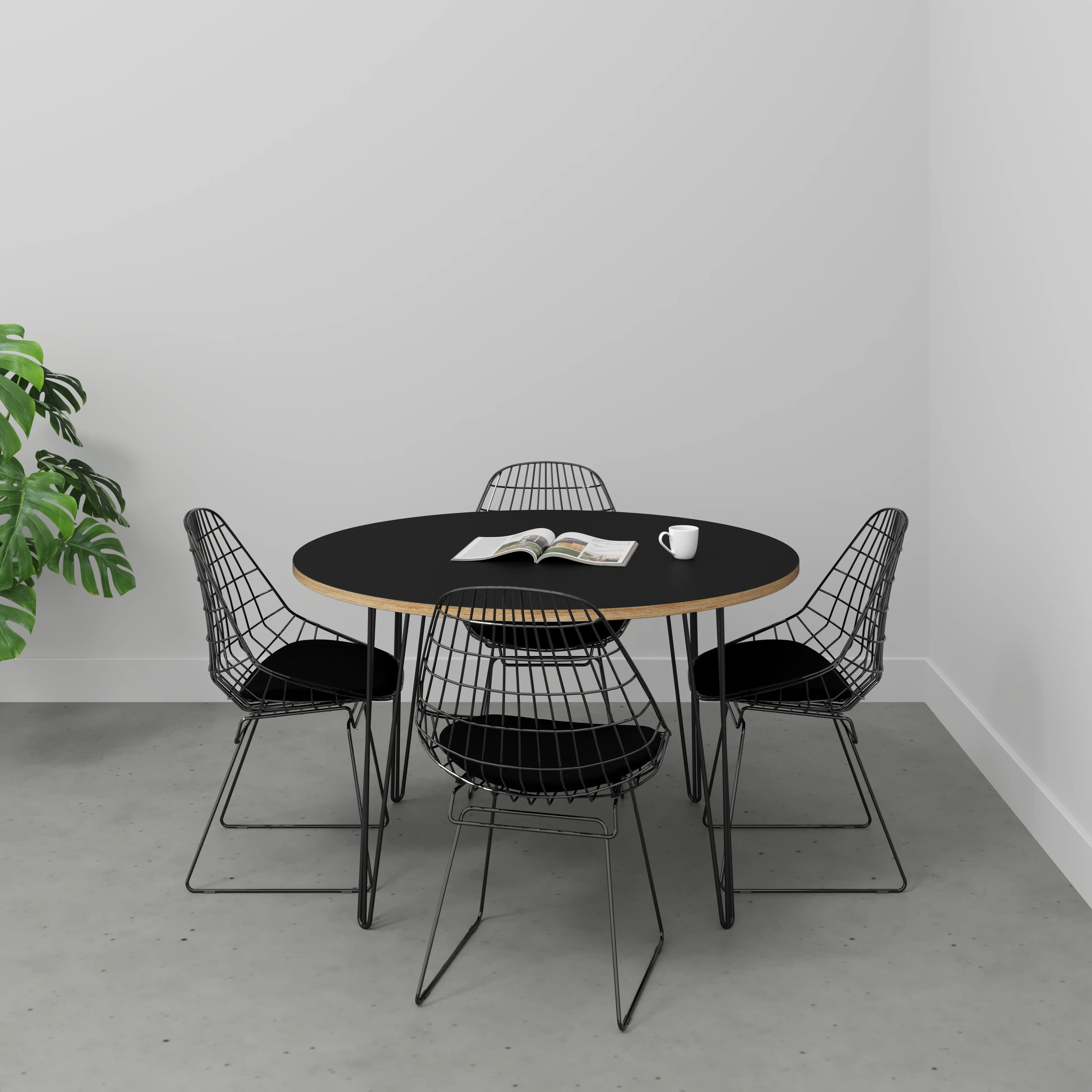 Plywood Round Table with Black Hairpin Legs - Formica Diamond Black - 1200(dia) x 735(h) - Image 2