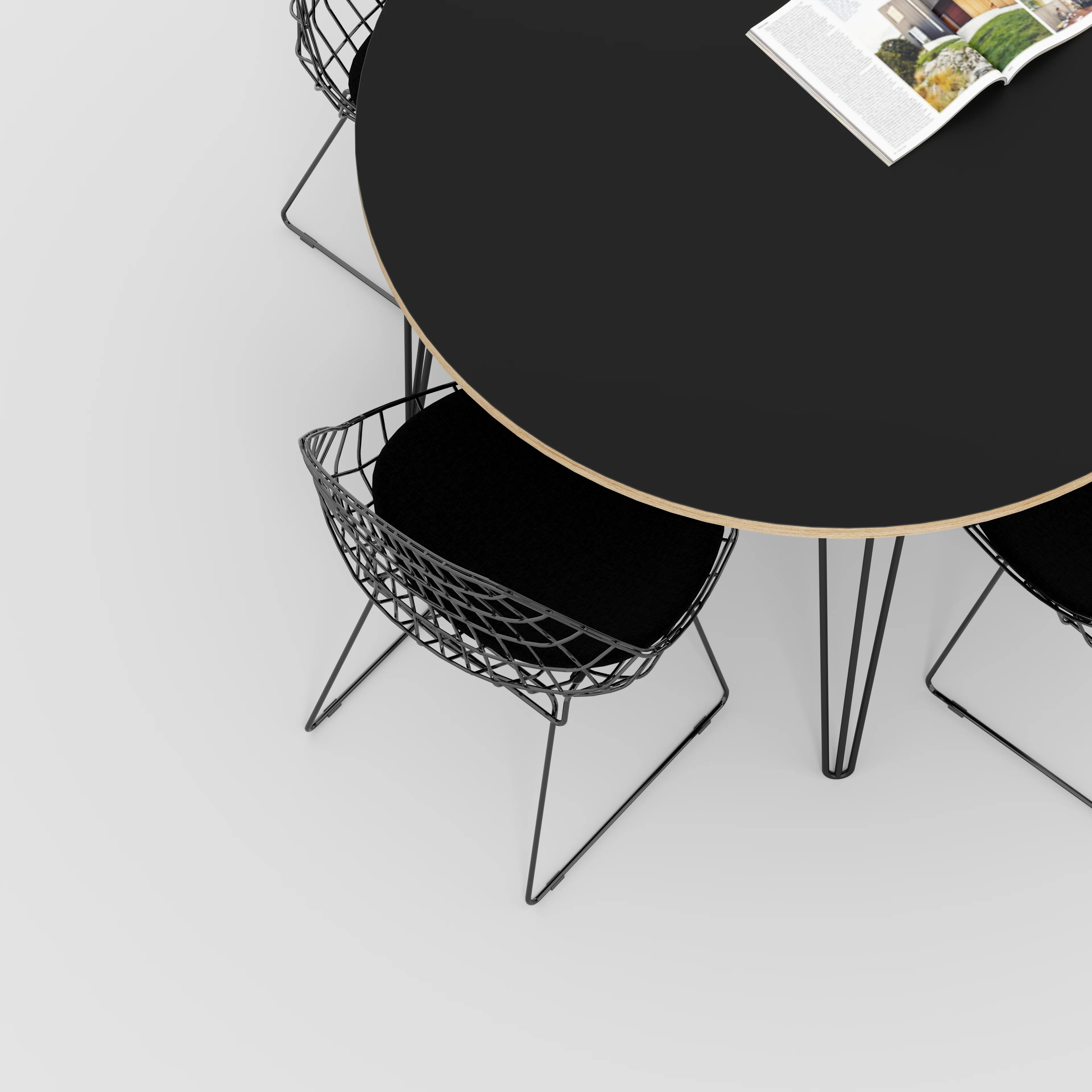 Plywood Round Table with Black Hairpin Legs - Formica Diamond Black - 1200(dia) x 735(h) - Image 3