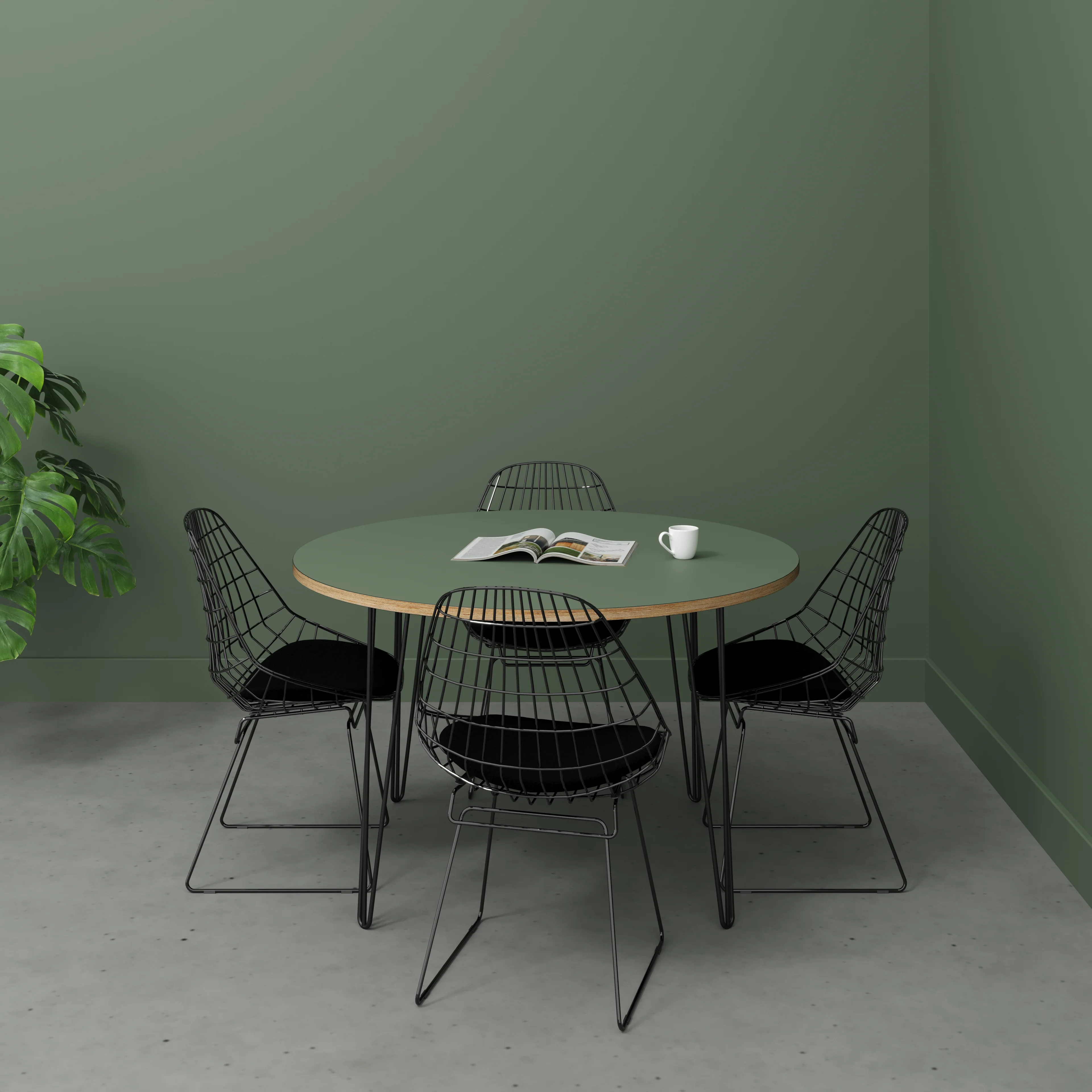 Plywood Round Table with Black Hairpin Legs - Formica Green Slate - 1200(dia) x 735(h) - Image 2